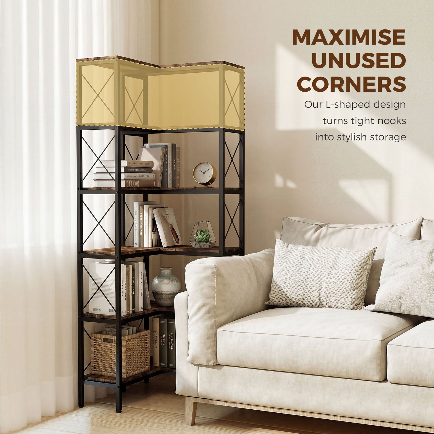 5-Tier Corner Bookshelf, L-Shaped Bookcase, Freestanding Display Shelf with Metal Frame for Living Room, Home Office, Bedroom, 60 x 60 x 167 cm, Rustic Brown