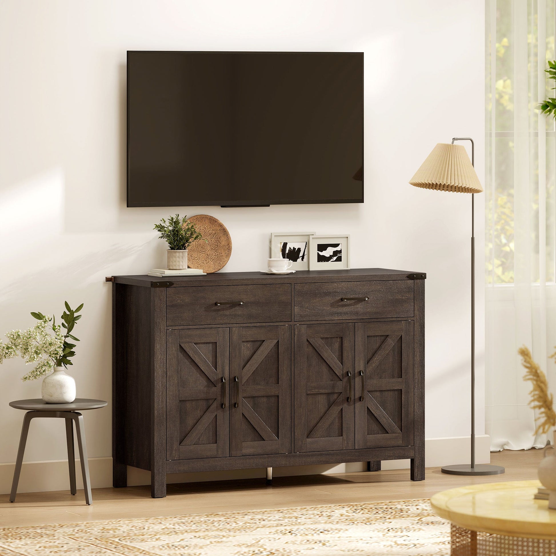 Sideboard Buffet Cabinet, Farmhouse Storage Cabinet, Kitchen Cupboard with 4 Doors, 2 Drawers and 2 Adjustable Shelves for Dining Room, Living Room, Dark Brown