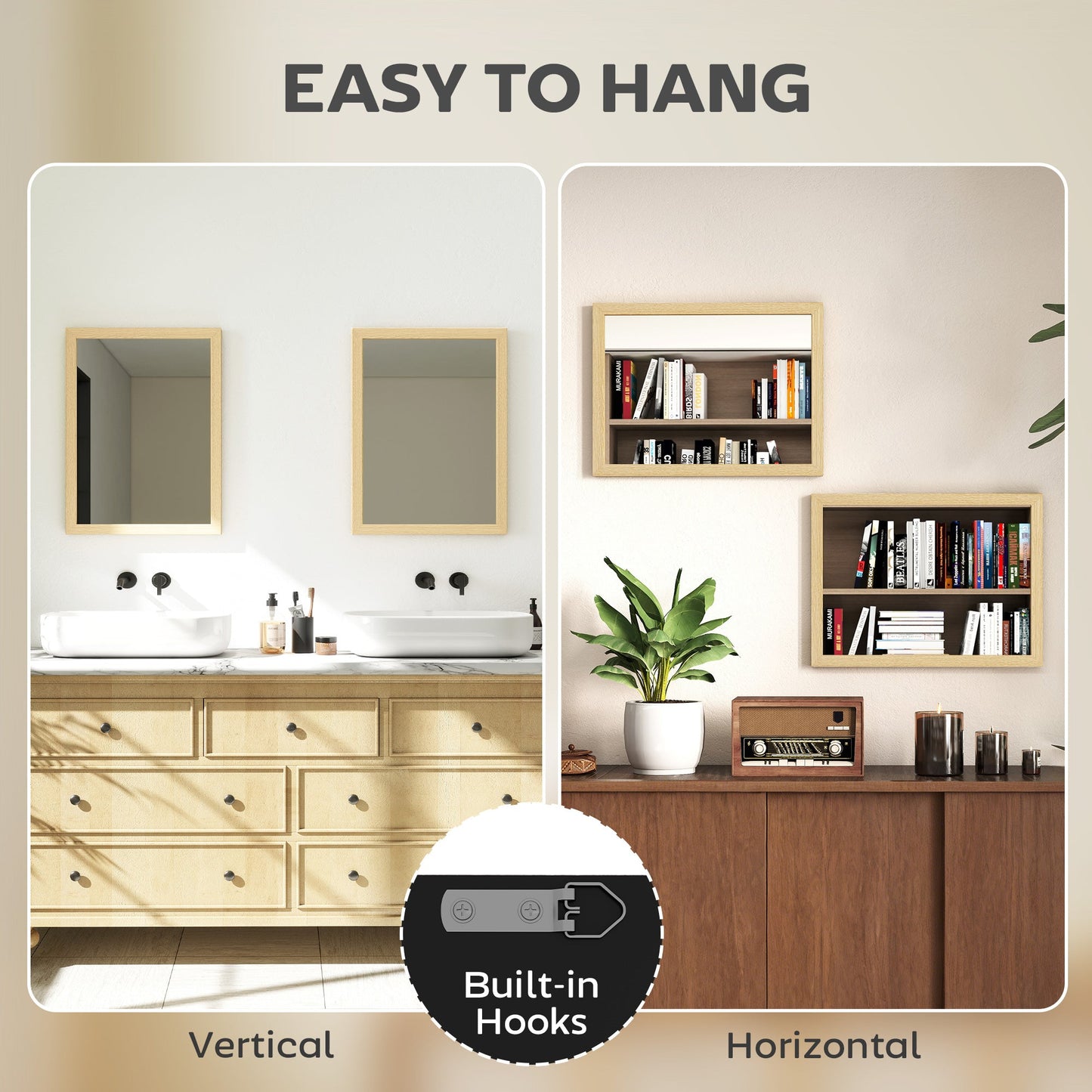 Decorative Rectangular Wall Mirror, 40W x 30H cm Wall-Mounted Bathroom Mirror for Living Room, Bedroom, Hallway, Set of 2, Natural Wood Finish