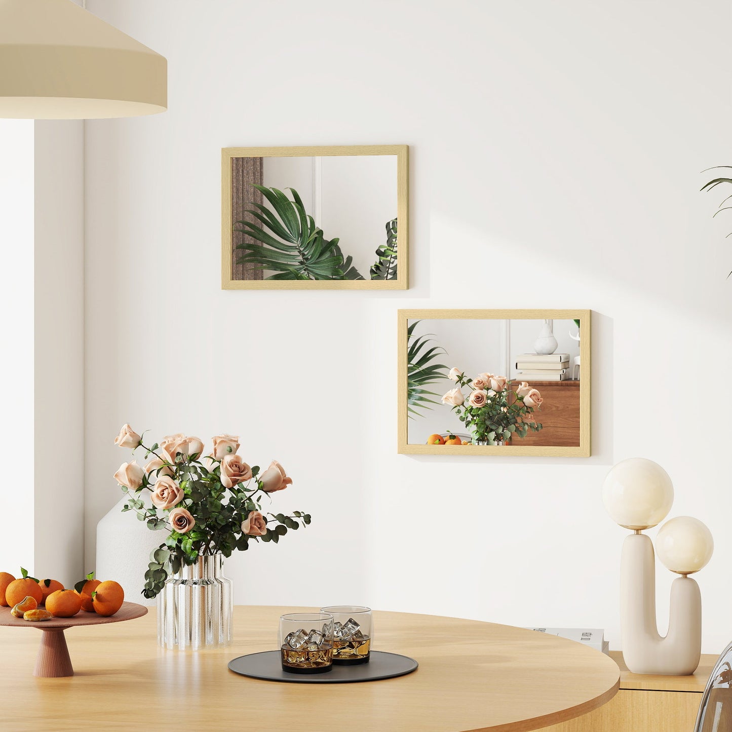 Decorative Rectangular Wall Mirror, 40W x 30H cm Wall-Mounted Bathroom Mirror for Living Room, Bedroom, Hallway, Set of 2, Natural Wood Finish