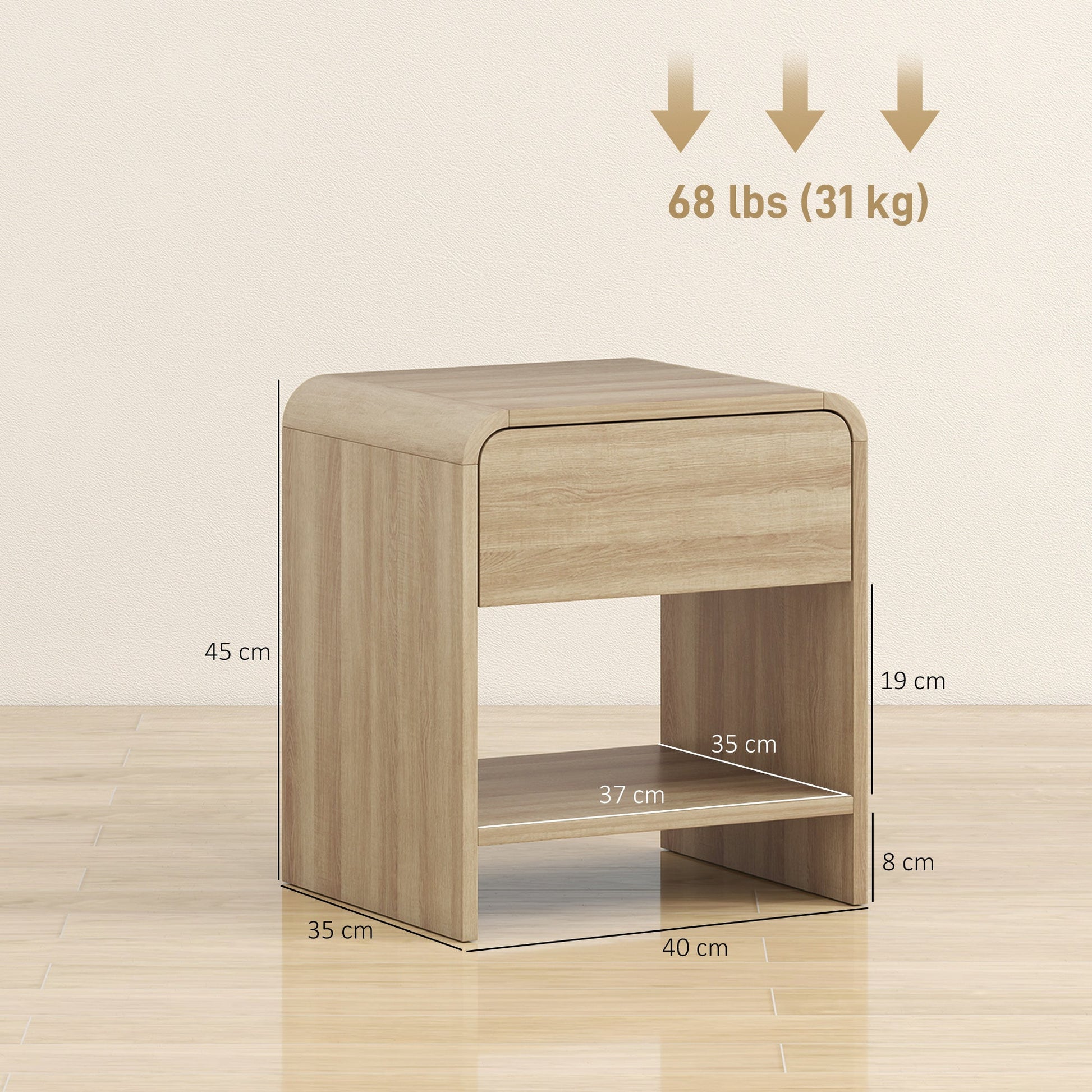 Bedside Tables Set of 2, Modern Nightstands with Rounded Corners, Space-Saving Side Table with Drawer and Open Shelf for Living Room, Bedroom, Natural Wood