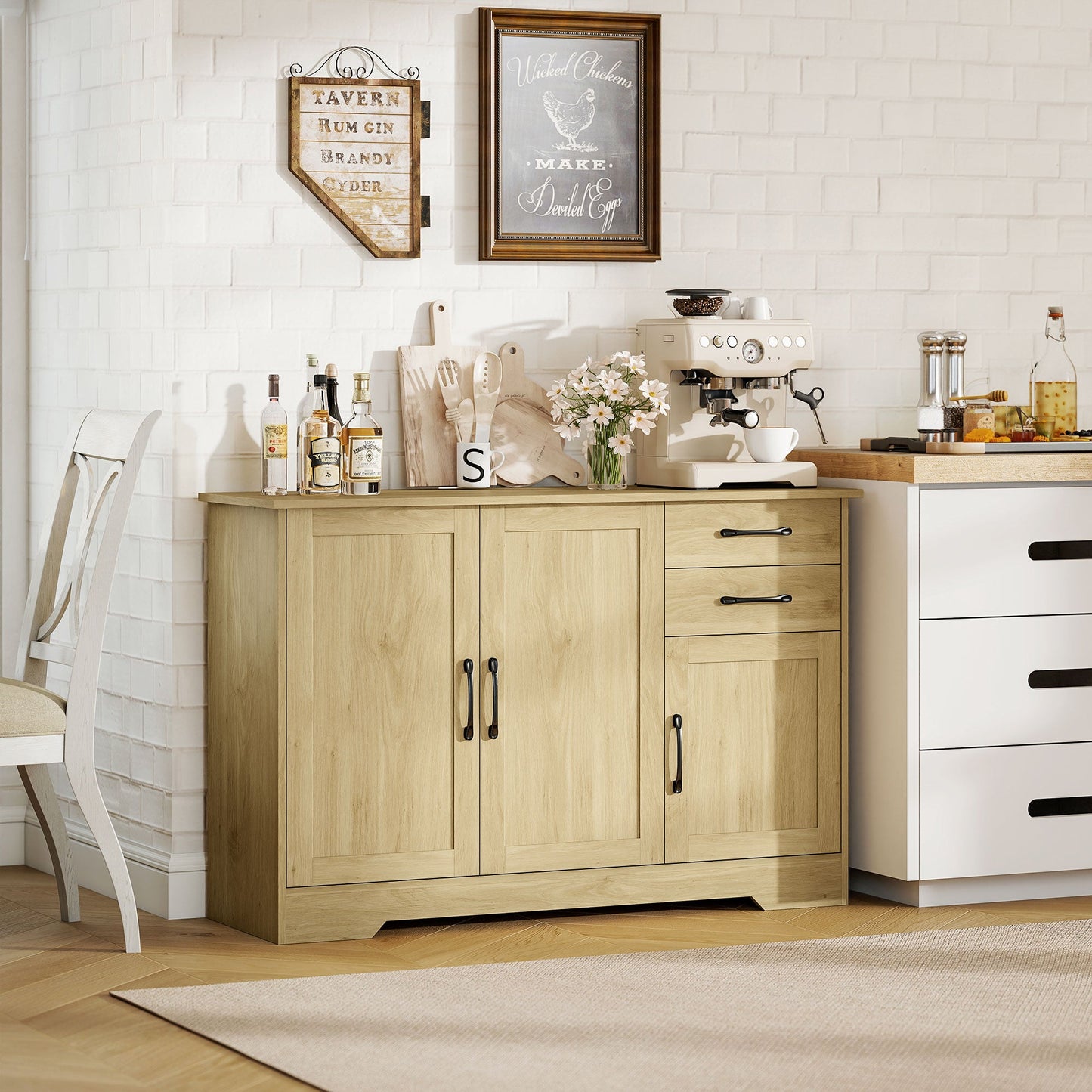Sideboard with Soft-Close Doors, Modern Storage Cabinet, Kitchen Cupboard with 2 Drawers, Adjustable Shelf and 3 Doors for Dining Room, Living Room, Natural Wood Finish