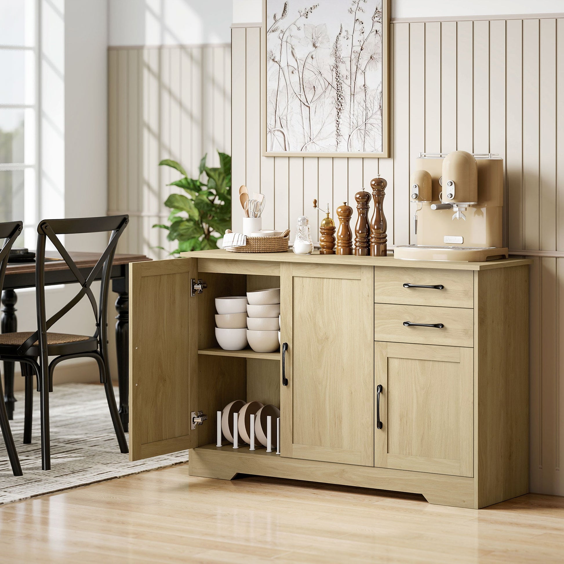 Sideboard with Soft-Close Doors, Modern Storage Cabinet, Kitchen Cupboard with 2 Drawers, Adjustable Shelf and 3 Doors for Dining Room, Living Room, Natural Wood Finish