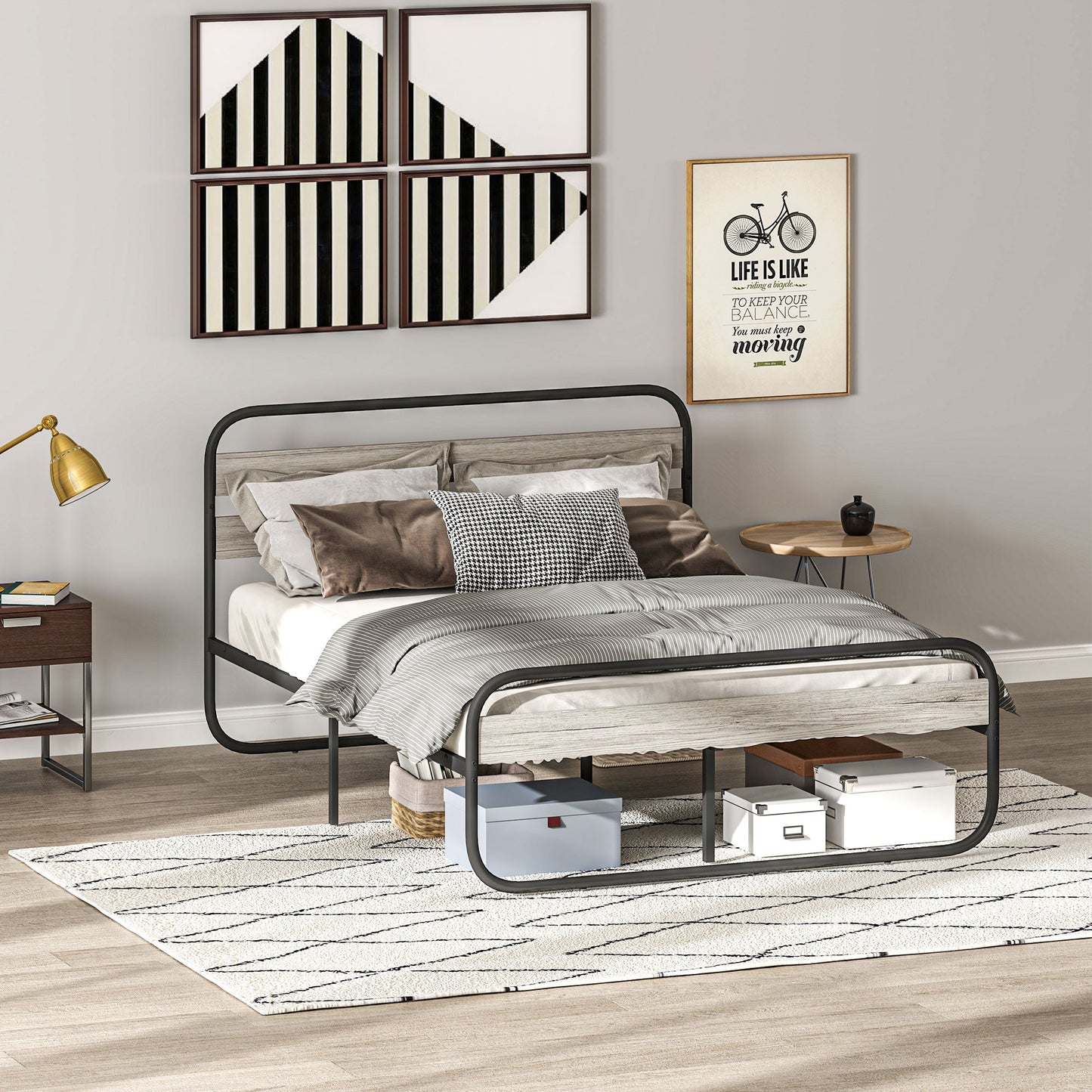 HOMCOM 5ft King Size Bed Frame, Industrial Style Metal Platform Bed Frame with Under Bed Storage, No Box Spring Needed, Easy Assembly, Grey