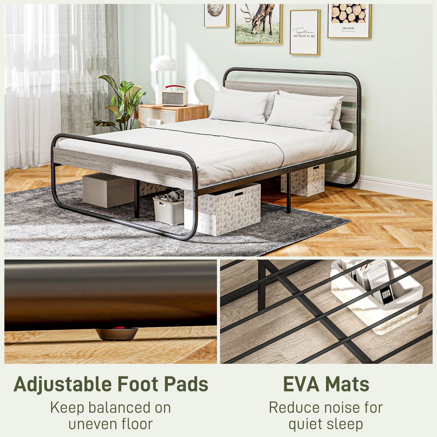 HOMCOM 5ft King Size Bed Frame, Industrial Style Metal Platform Bed Frame with Under Bed Storage, No Box Spring Needed, Easy Assembly, Grey