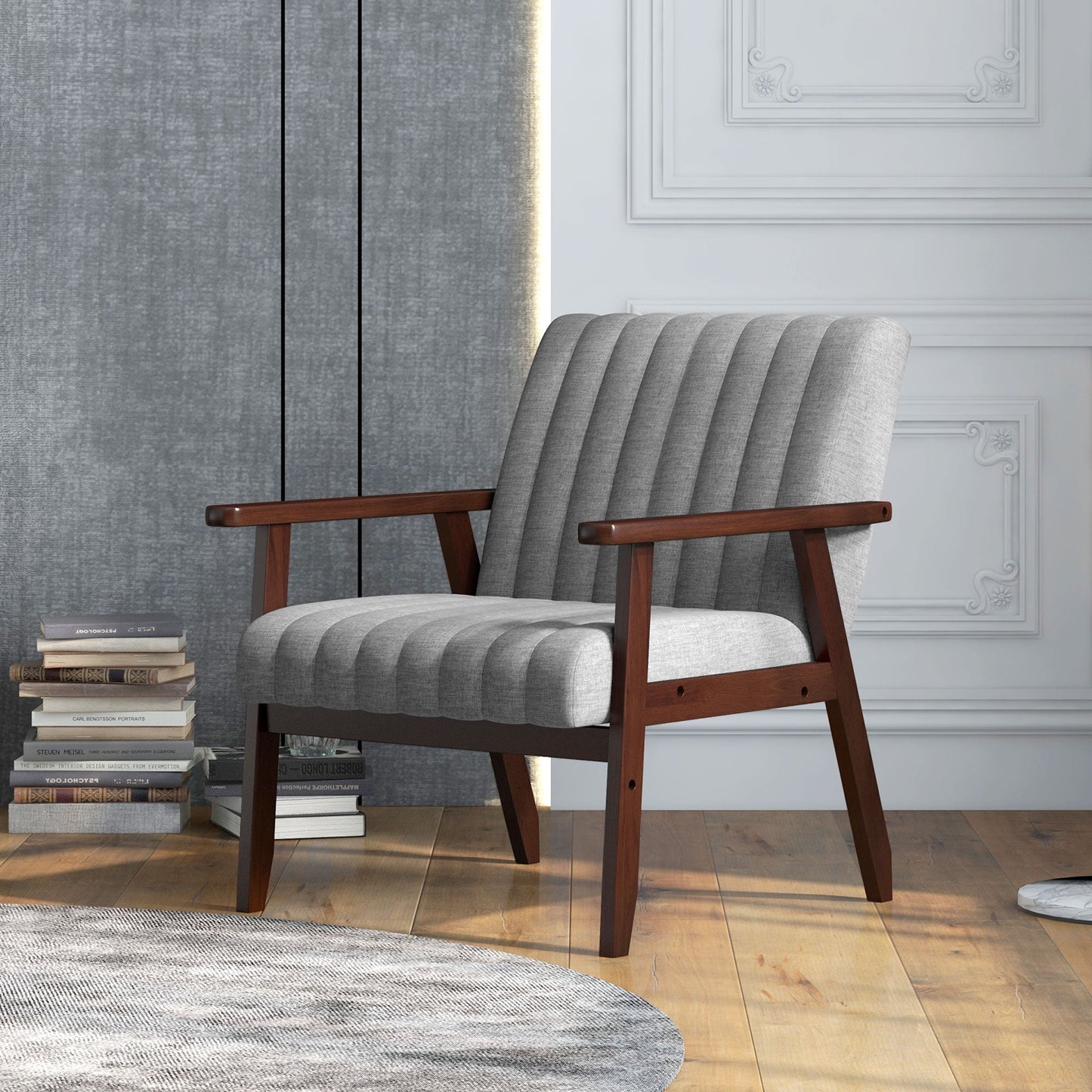 HOMCOM Fabric Accent Chair, Modern Tufted Armchair for Bedroom, Living Room, Upholstered Lounge Chair with Wood Legs, Grey