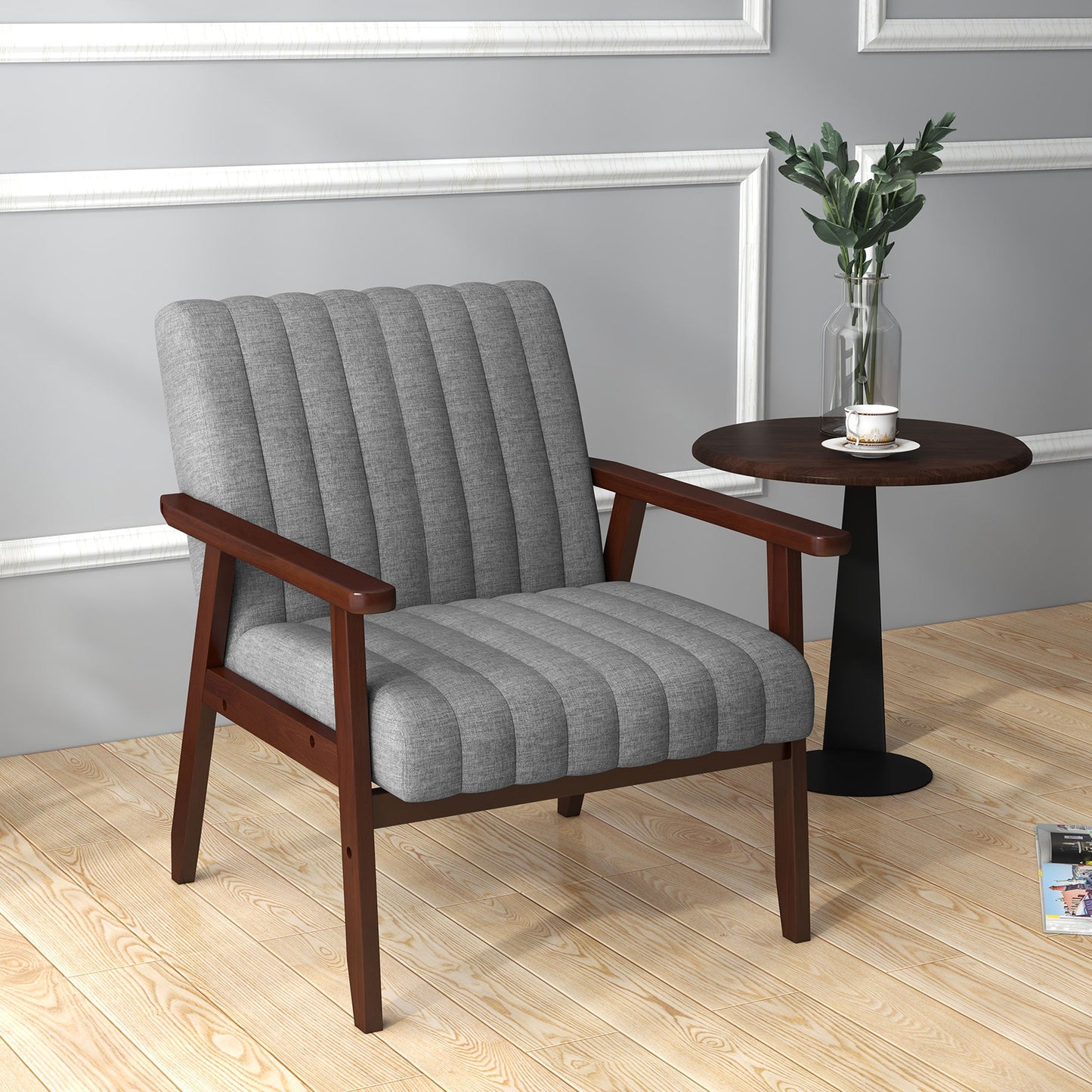 HOMCOM Fabric Accent Chair, Modern Tufted Armchair for Bedroom, Living Room, Upholstered Lounge Chair with Wood Legs, Grey
