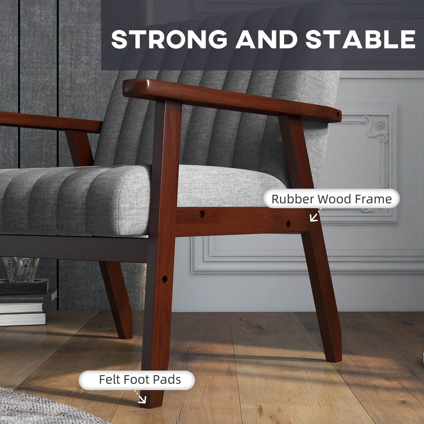HOMCOM Fabric Accent Chair, Modern Tufted Armchair for Bedroom, Living Room, Upholstered Lounge Chair with Wood Legs, Grey