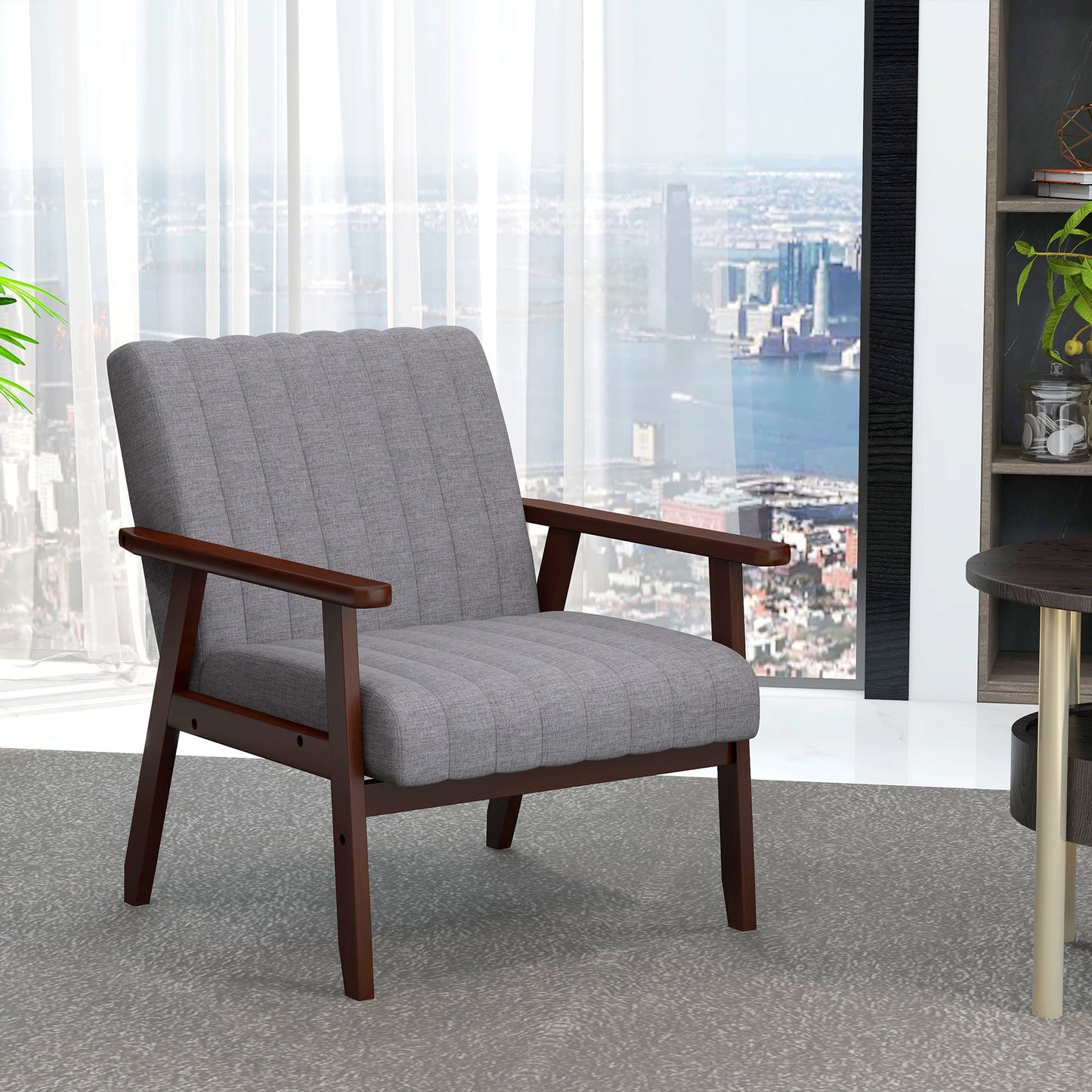 HOMCOM Fabric Accent Chair, Modern Tufted Armchair for Bedroom, Living Room, Upholstered Lounge Chair with Wood Legs, Grey