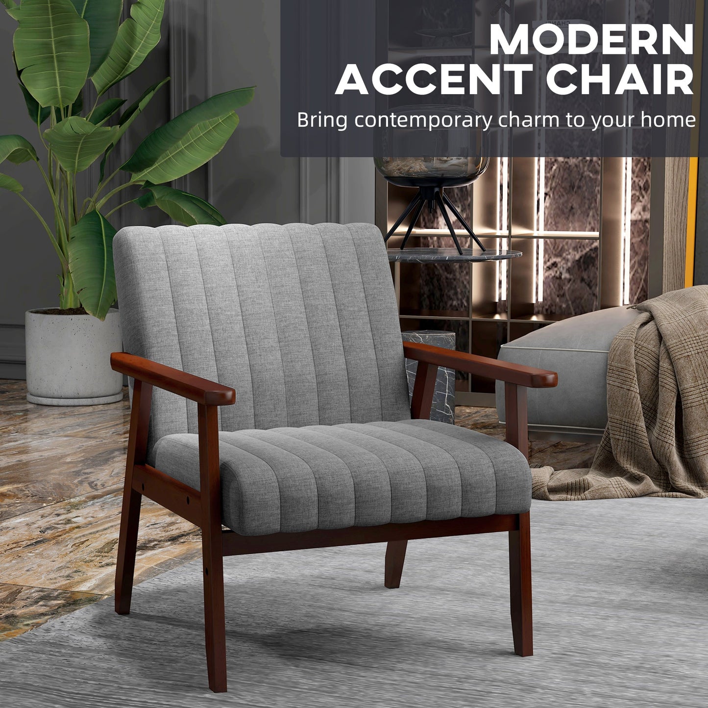 HOMCOM Fabric Accent Chair, Modern Tufted Armchair for Bedroom, Living Room, Upholstered Lounge Chair with Wood Legs, Grey