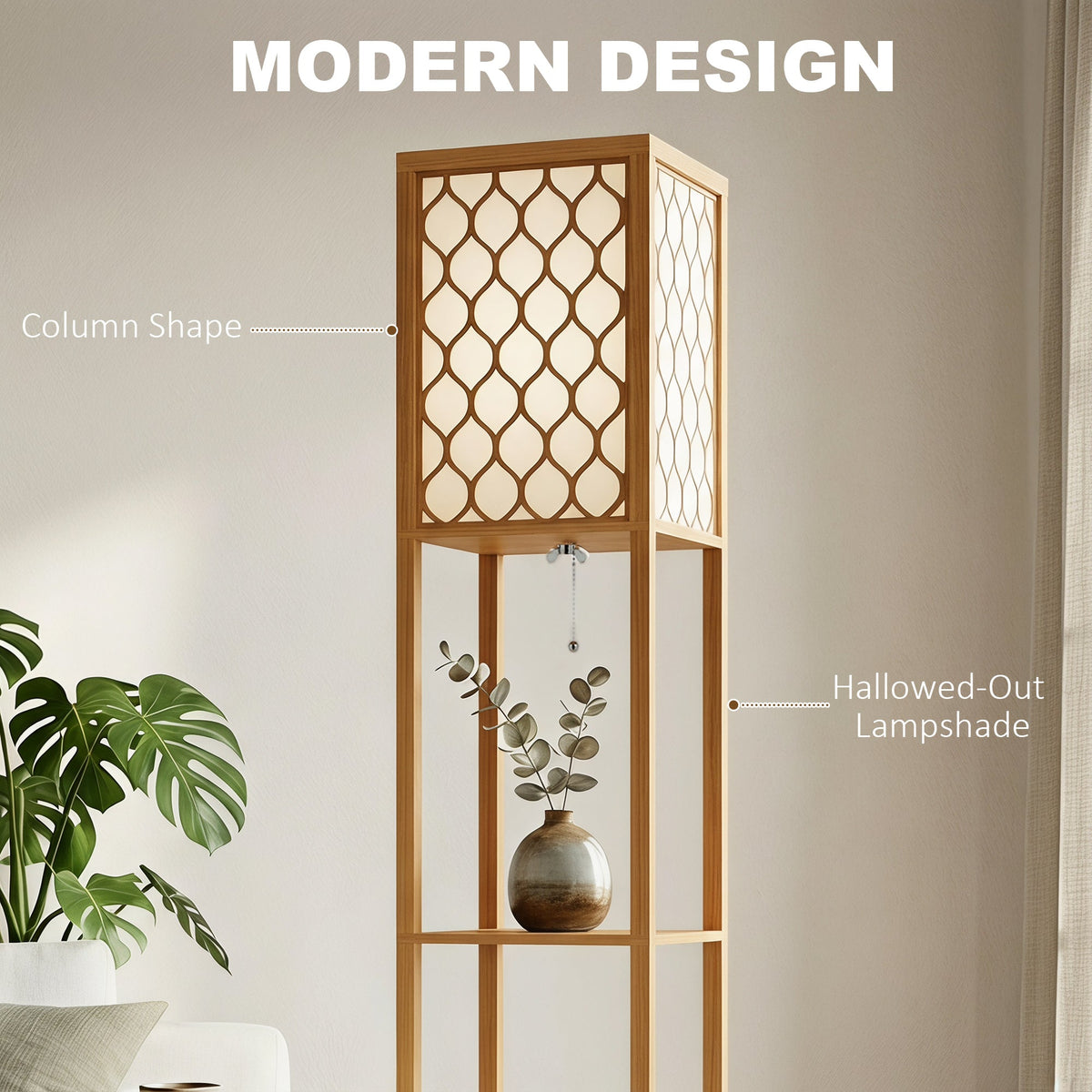 Floor Lamp with Shelves, Modern Tall Standing Lamp with Fabric Lampshades, Zipper Switch and Dual Light for Living Room and Bedroom, Bulbs Not Included, Natural Wood Finish