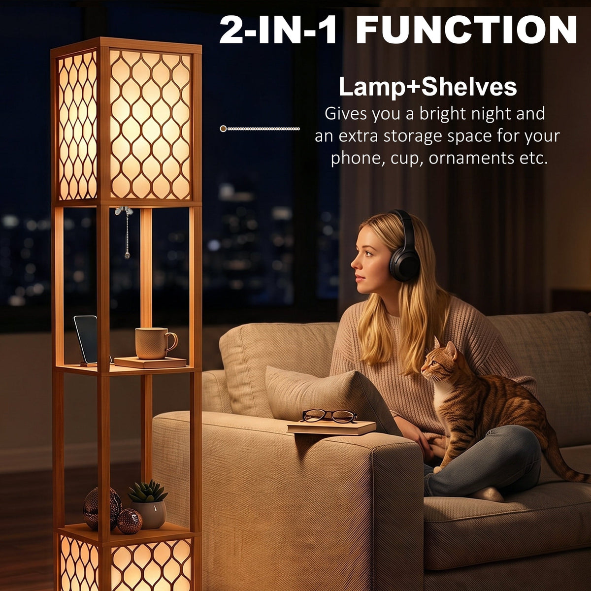 Floor Lamp with Shelves, Modern Tall Standing Lamp with Fabric Lampshades, Zipper Switch and Dual Light for Living Room and Bedroom, Bulbs Not Included, Natural Wood Finish