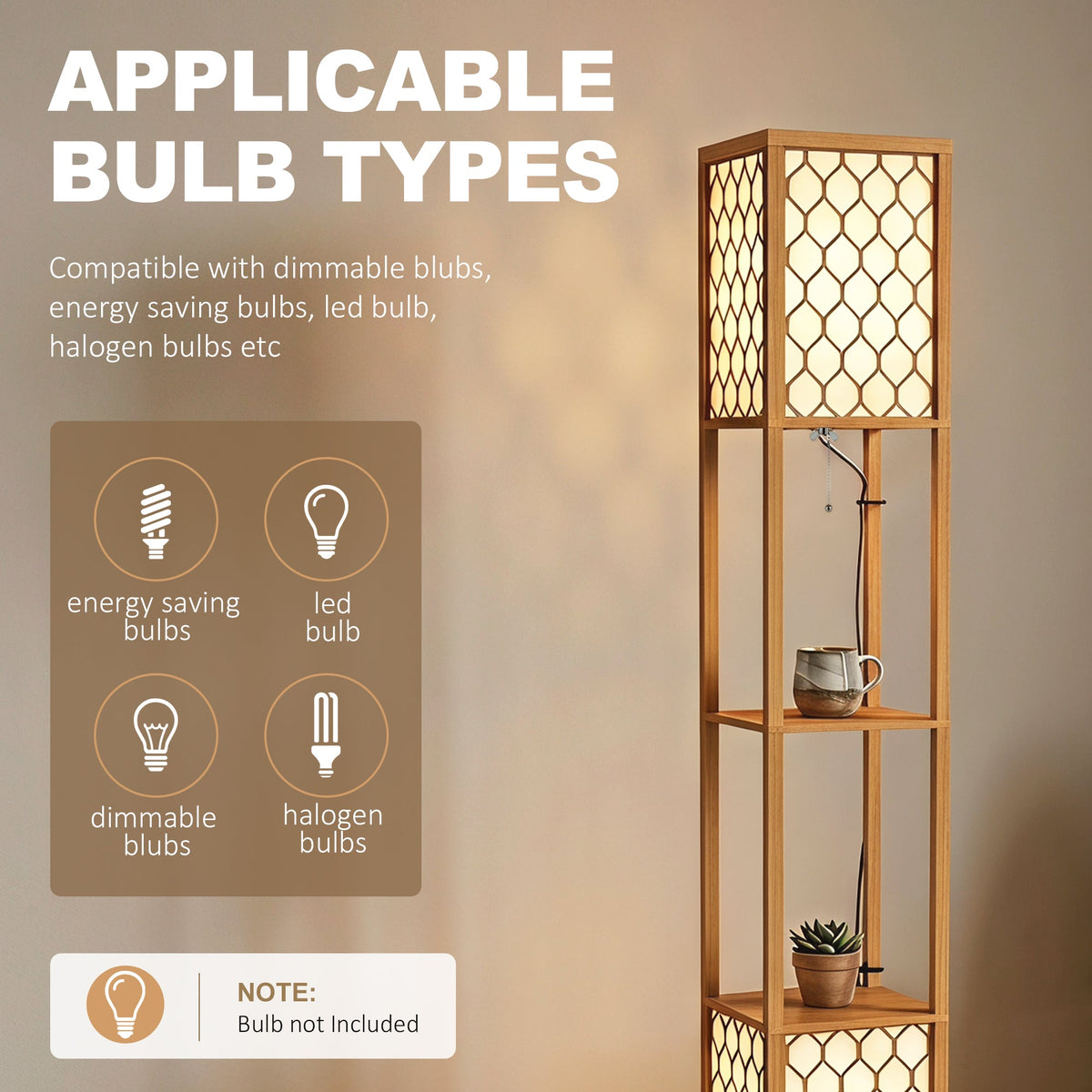 Floor Lamp with Shelves, Modern Tall Standing Lamp with Fabric Lampshades, Zipper Switch and Dual Light for Living Room and Bedroom, Bulbs Not Included, Natural Wood Finish