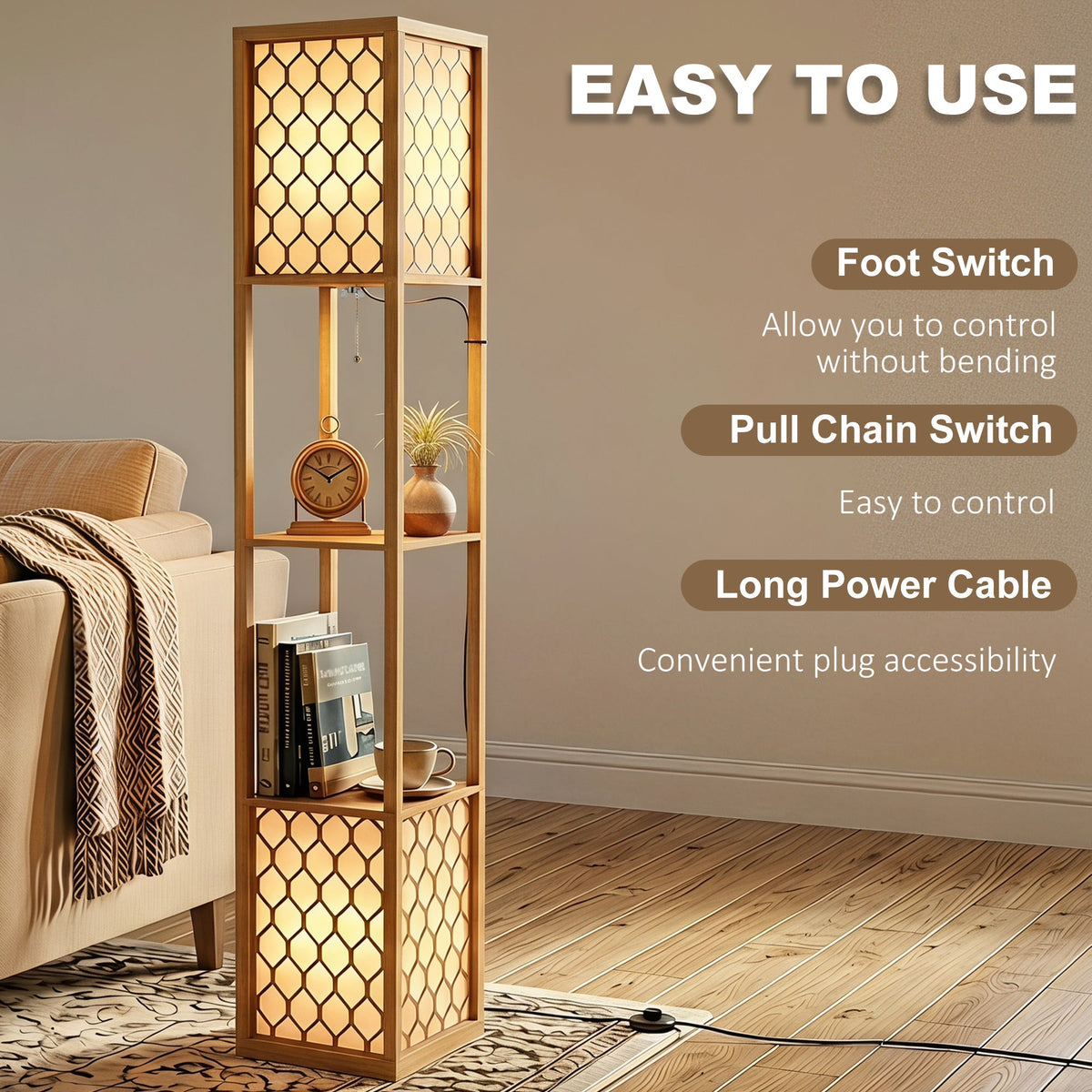 Floor Lamp with Shelves, Modern Tall Standing Lamp with Fabric Lampshades, Zipper Switch and Dual Light for Living Room and Bedroom, Bulbs Not Included, Natural Wood Finish
