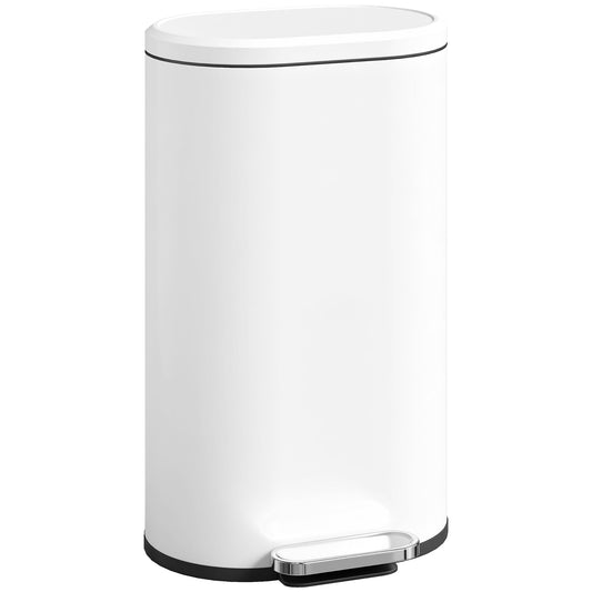 30L Kitchen Bin with 90° Stay-Open Lid, Slim Rectangular Pedal Bin with Soft-Close Lid, Removable Inner Bucket for Home Office, Fingerprint-Resistant, White