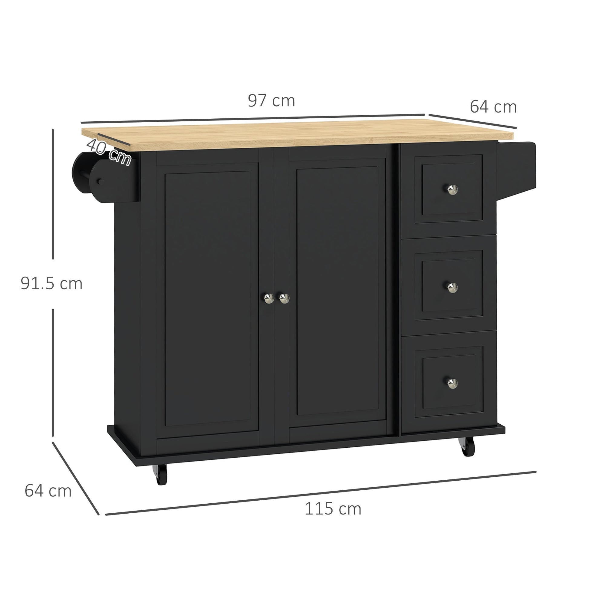 Kitchen Island with Drop Leaf, Rolling Kitchen Storage Trolley on Wheels with 3 Drawers, Spice Rack and Towel Rack, Storage Cart with Rubber Wood Top, Black