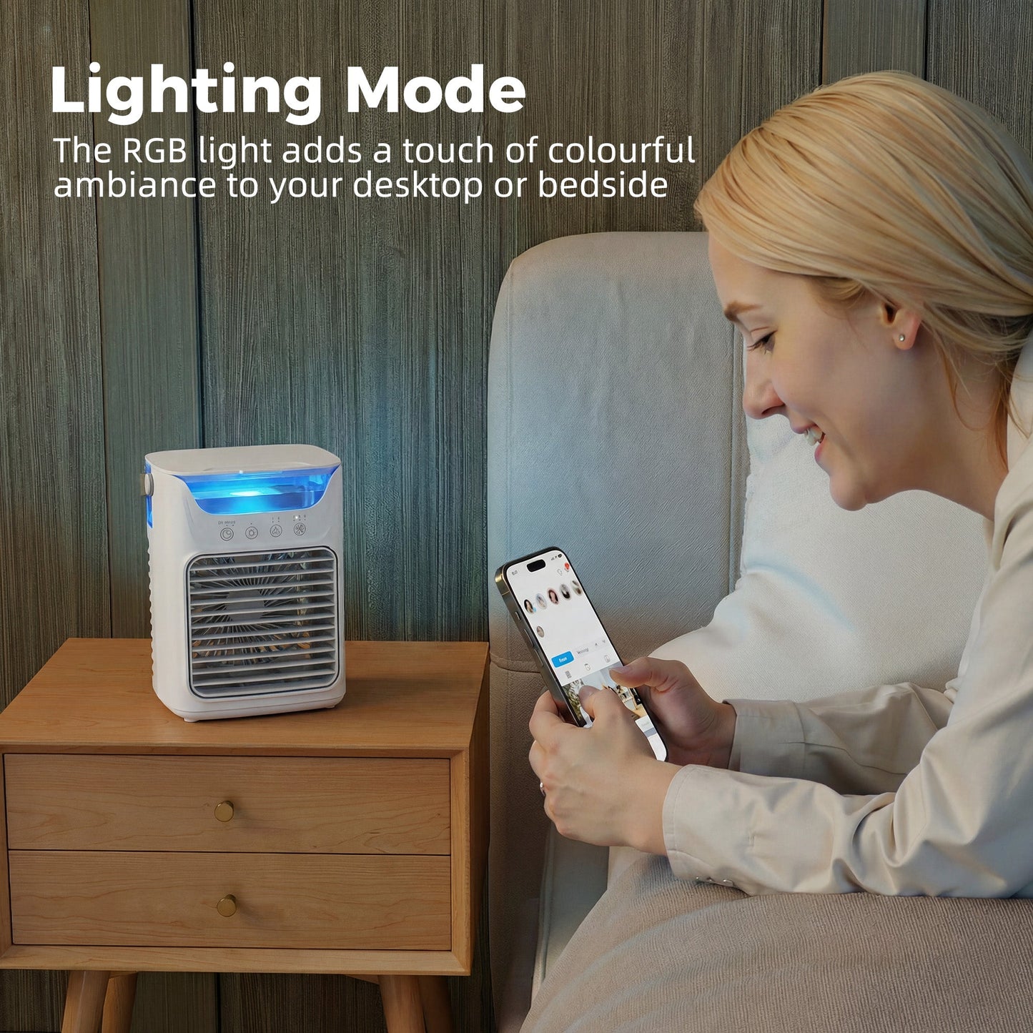 21 cm Desk Fan with Adjustable Head, 3-Speed Table Fan with 700 ml Water Tank, Small Fan with RGB Light for Bedroom, Home Office, Grey