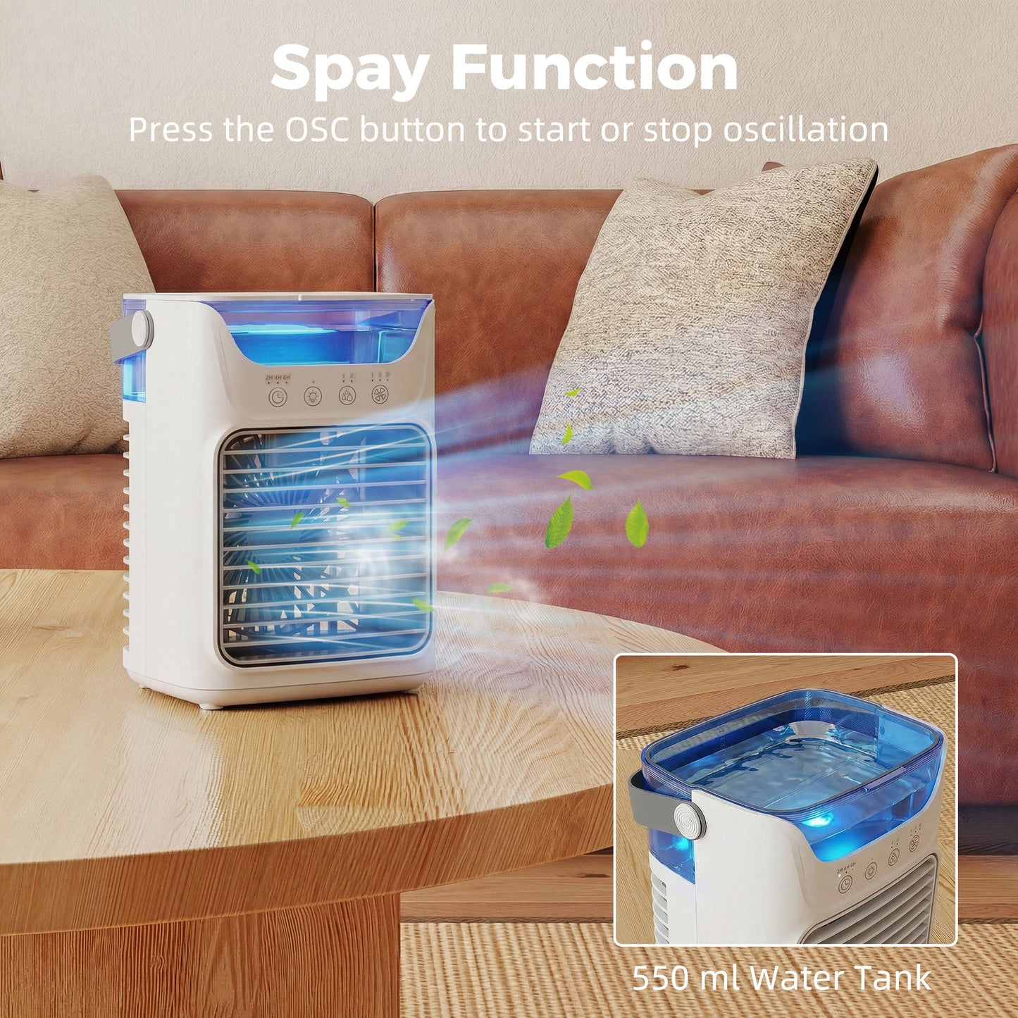 21 cm Desk Fan with Adjustable Head, 3-Speed Table Fan with 700 ml Water Tank, Small Fan with RGB Light for Bedroom, Home Office, Grey