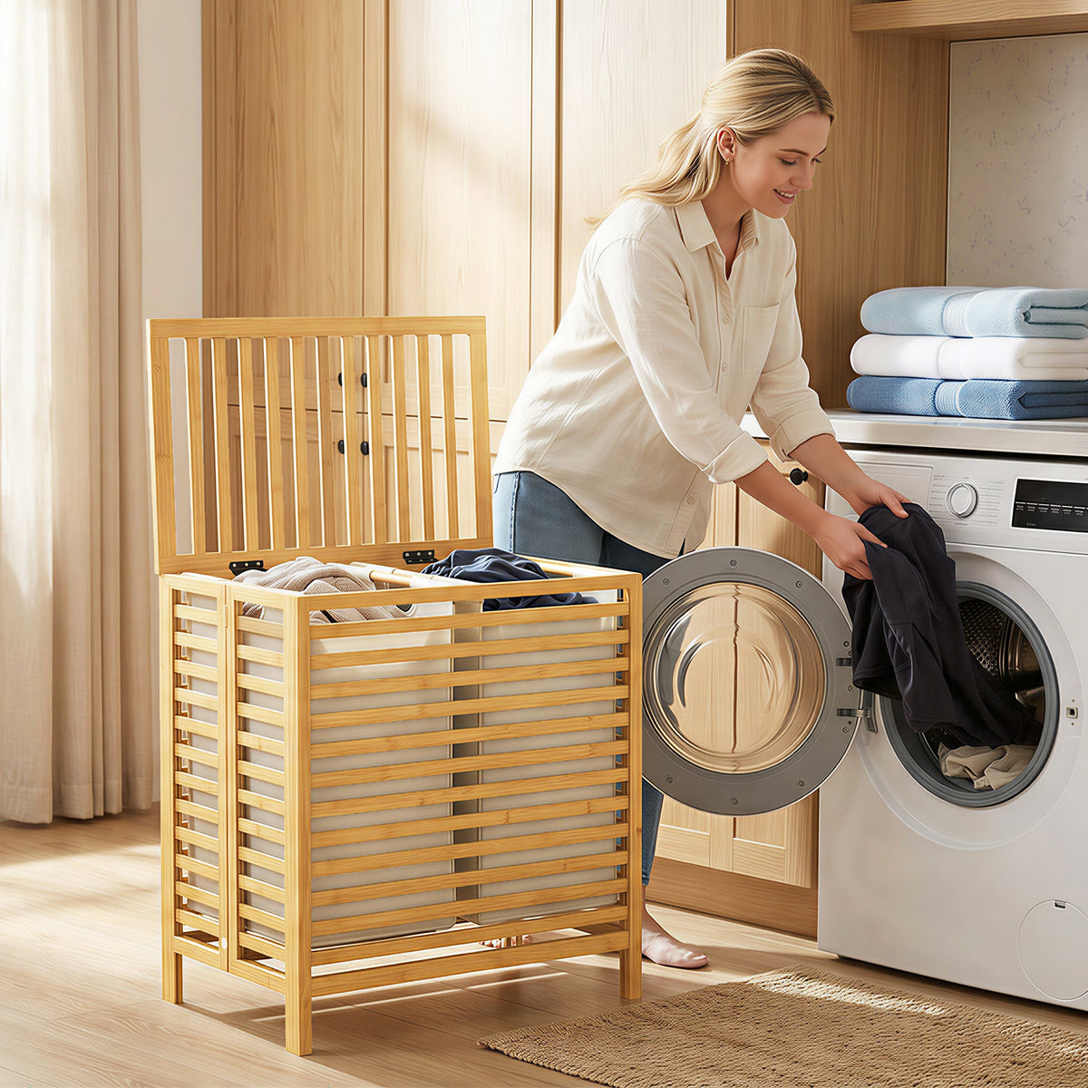 Bamboo Laundry Basket with Lid, 64L Double Laundry Basket with 2 Removable Washable Liners, Folding Laundry Bin Clothes Basket for Bathroom, Bedroom, Natural Bamboo and Cream White