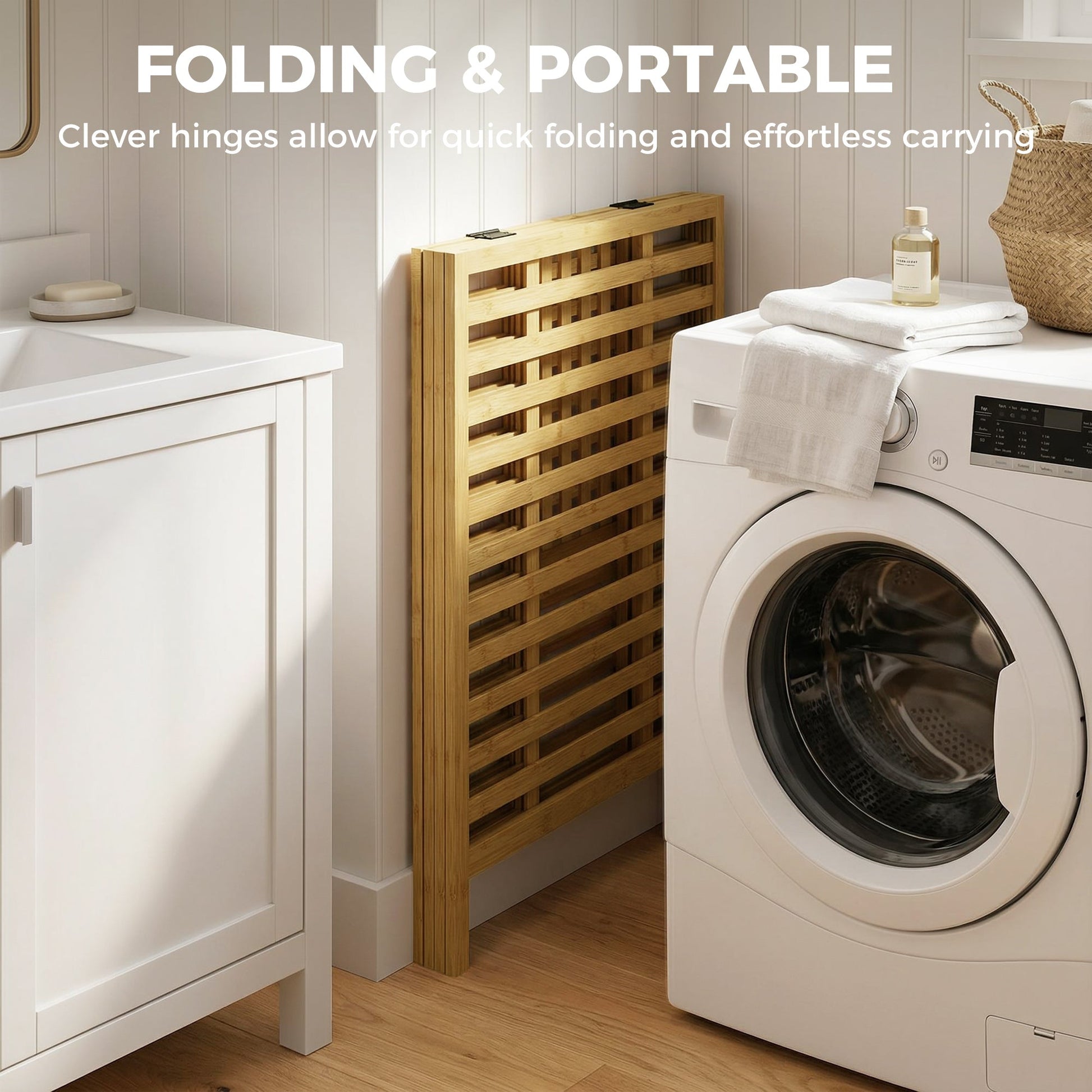 Bamboo Laundry Basket with Lid, 64L Double Laundry Basket with 2 Removable Washable Liners, Folding Laundry Bin Clothes Basket for Bathroom, Bedroom, Natural Bamboo and Cream White