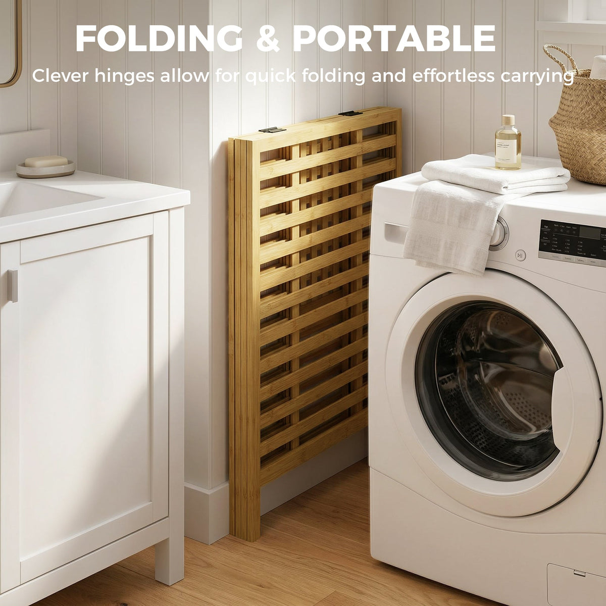 Bamboo Laundry Basket with Lid, 64L Double Laundry Basket with 2 Removable Washable Liners, Folding Laundry Bin Clothes Basket for Bathroom, Bedroom, Natural Bamboo and Cream White