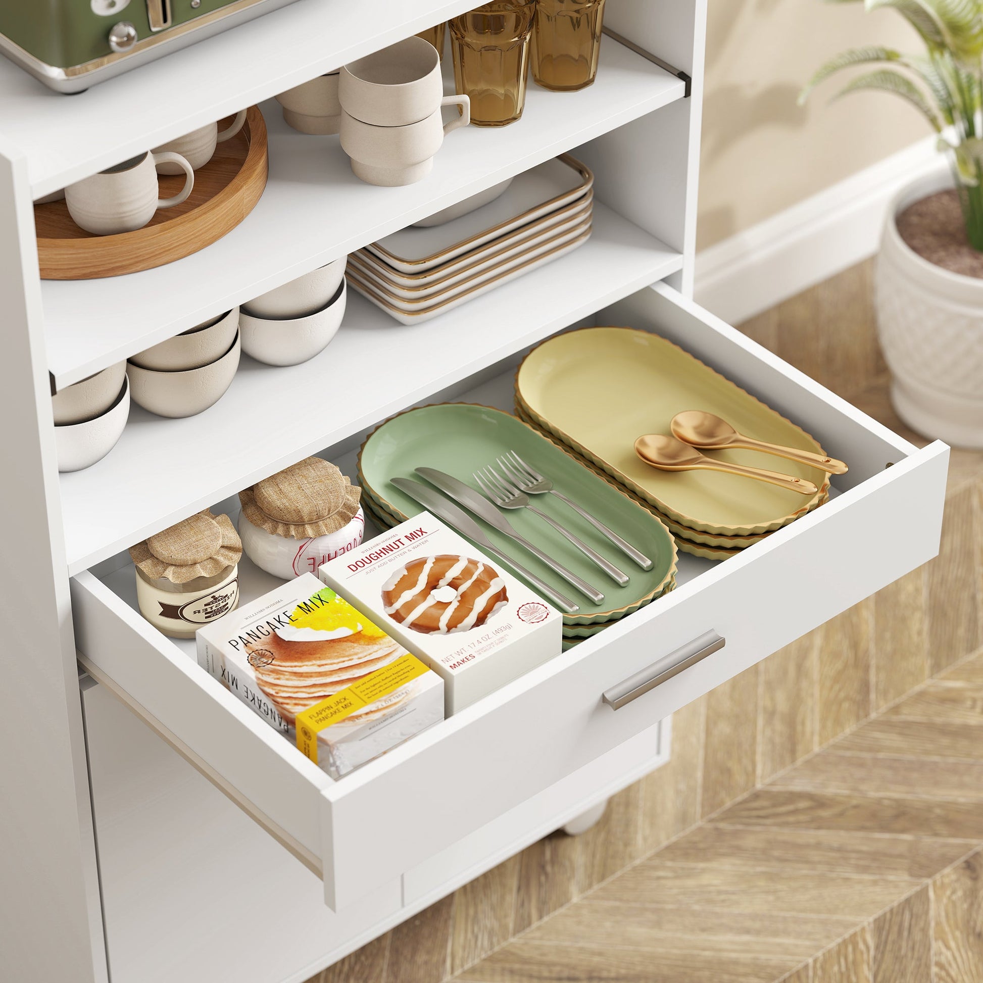 Kitchen Trolley with Wheels, Modern Mobile Microwave Stand with Slide-Out Shelf, Drawer and 2 Doors for Dining Room, 59 x 40 x 92 cm, White