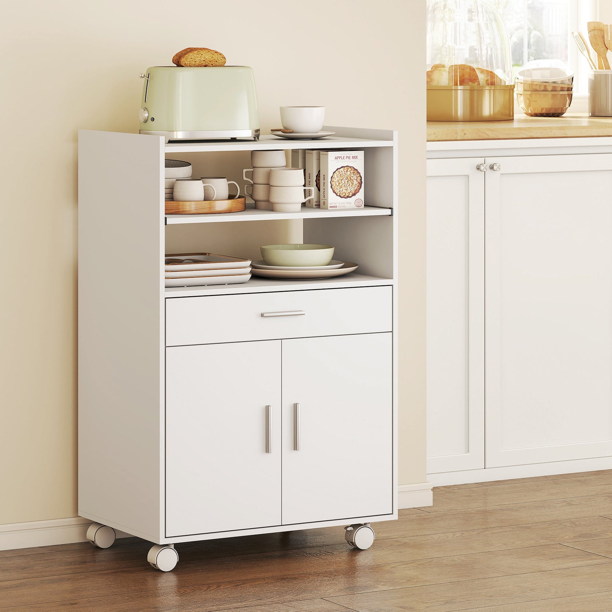 Kitchen Trolley with Wheels, Modern Mobile Microwave Stand with Slide-Out Shelf, Drawer and 2 Doors for Dining Room, 59 x 40 x 92 cm, White