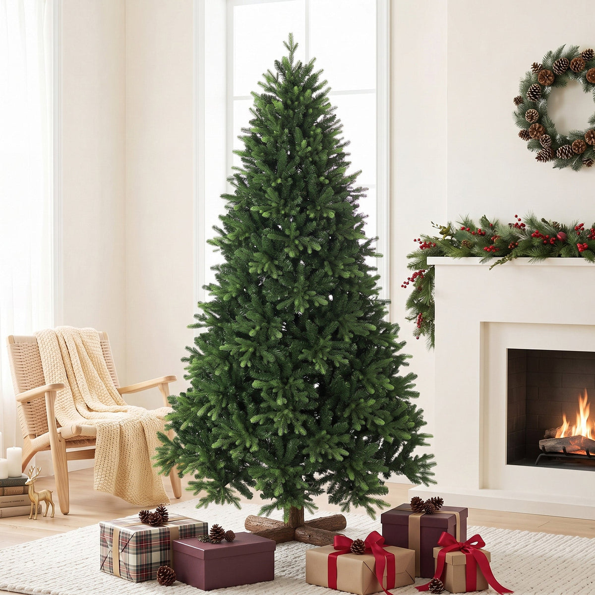 7ft Artificial Christmas Tree, Hinged Xmas Tree with 3834 PE & PVC Branch Tips, Solid Fir Wood Stand, Auto Open for Home Office Holiday Decoration, Green