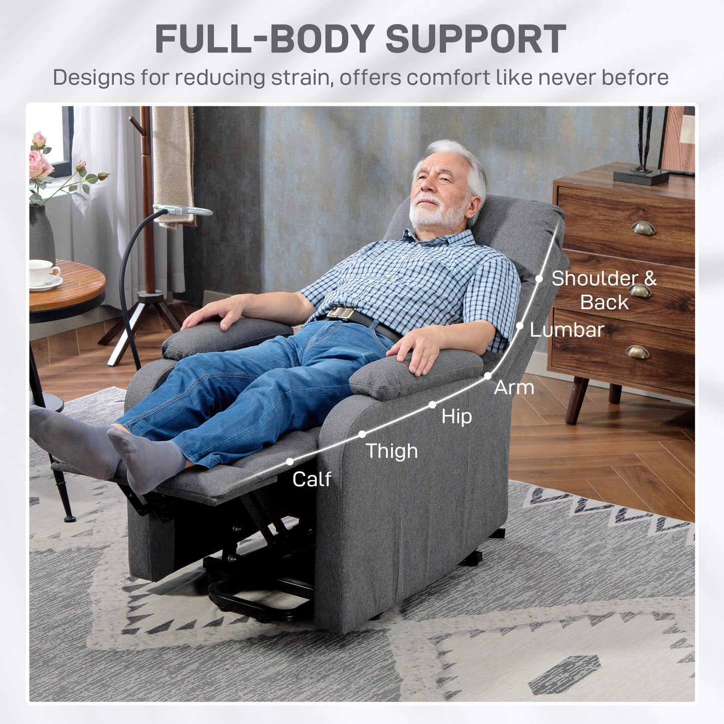 Lift Recliner Armchair for Elderly, Electric Recliner Chair with LED Magnifying Glass, Linen Fabric Riser Reclining Chair with Remote Control, Side Pockets for Living Room, Grey
