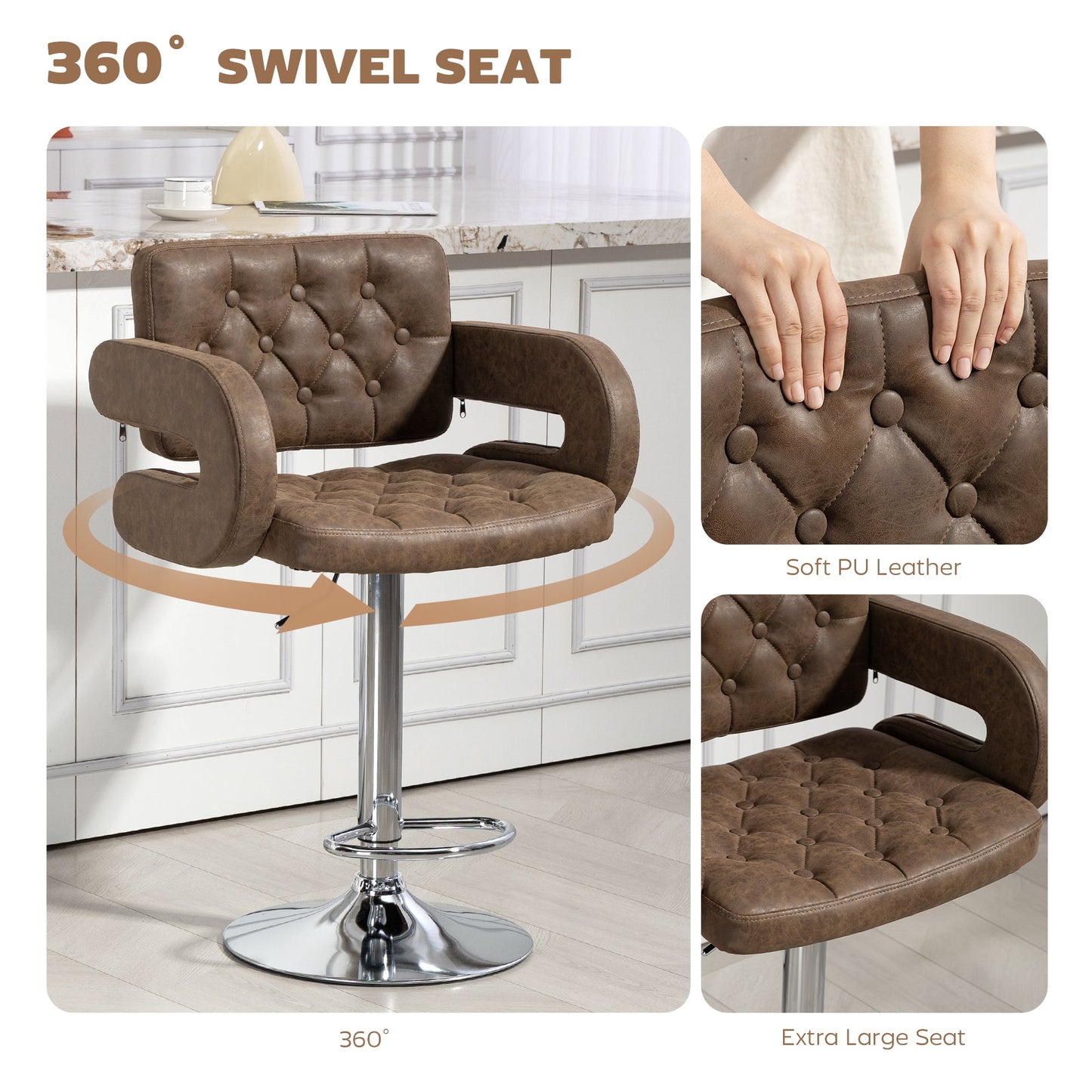 Swivel Bar Stool with Extra Large Seat, PU Leather Upholstered Adjustable Barstool with Back, Arm and Footrest, Breakfast Bar Chair for Bistro, Kitchen, Coffee