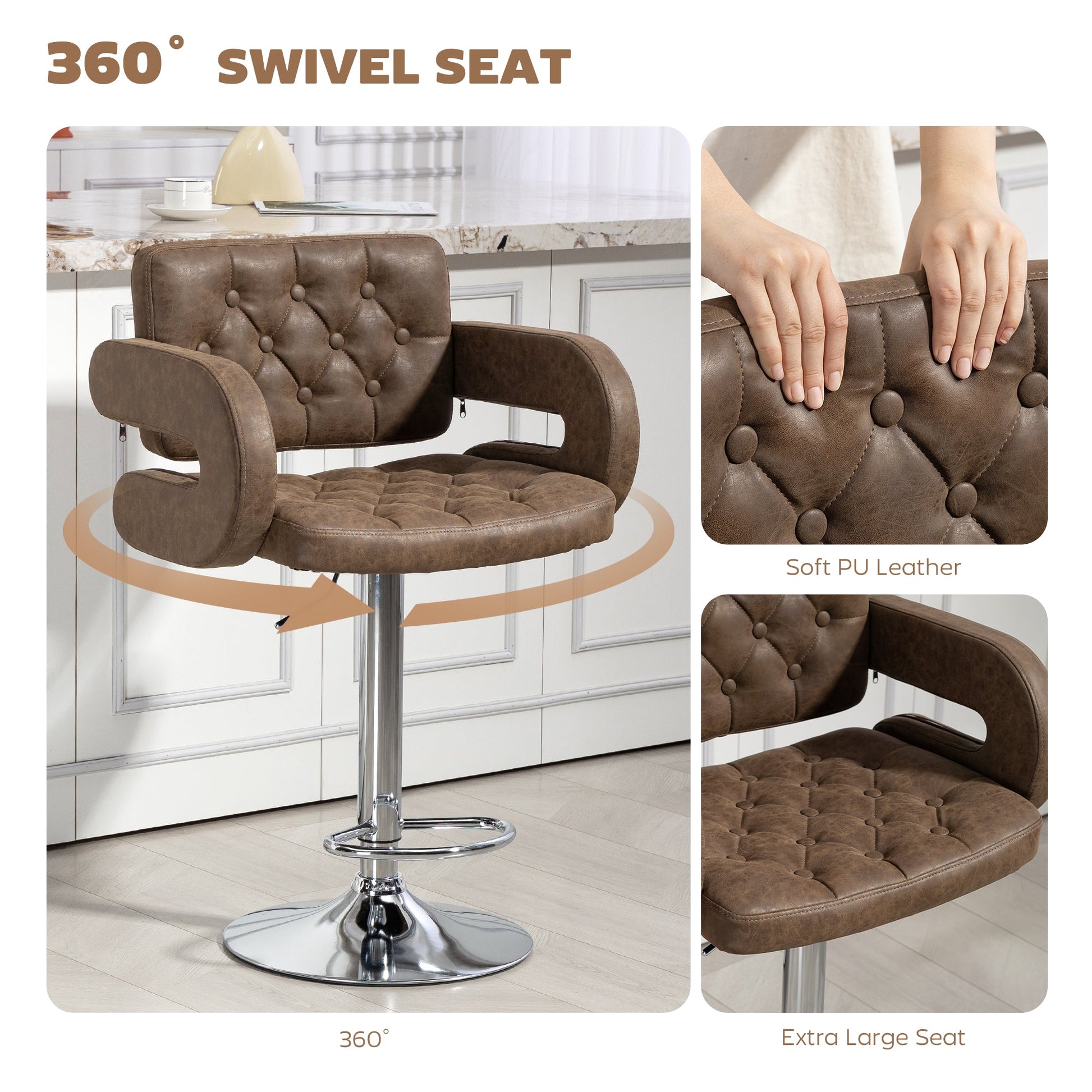 Swivel Bar Stool with Extra Large Seat, PU Leather Upholstered Adjustable Barstool with Back, Arm and Footrest, Breakfast Bar Chair for Bistro, Kitchen, Coffee