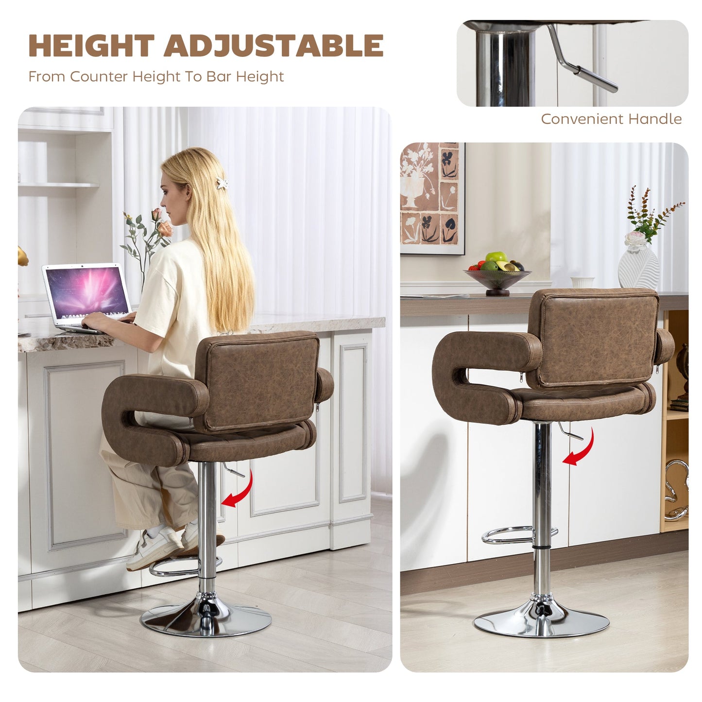 Swivel Bar Stool with Extra Large Seat, PU Leather Upholstered Adjustable Barstool with Back, Arm and Footrest, Breakfast Bar Chair for Bistro, Kitchen, Coffee