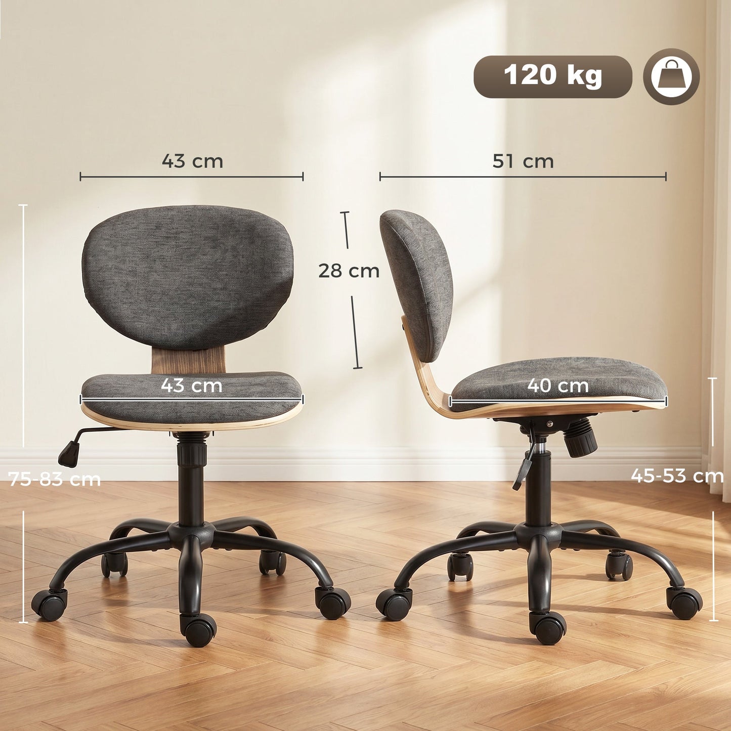 Home Office Chair, Swivel Computer Desk Chair with Rocking Function, Adjustable Height, Curved Back, Wheels, Armless, Grey