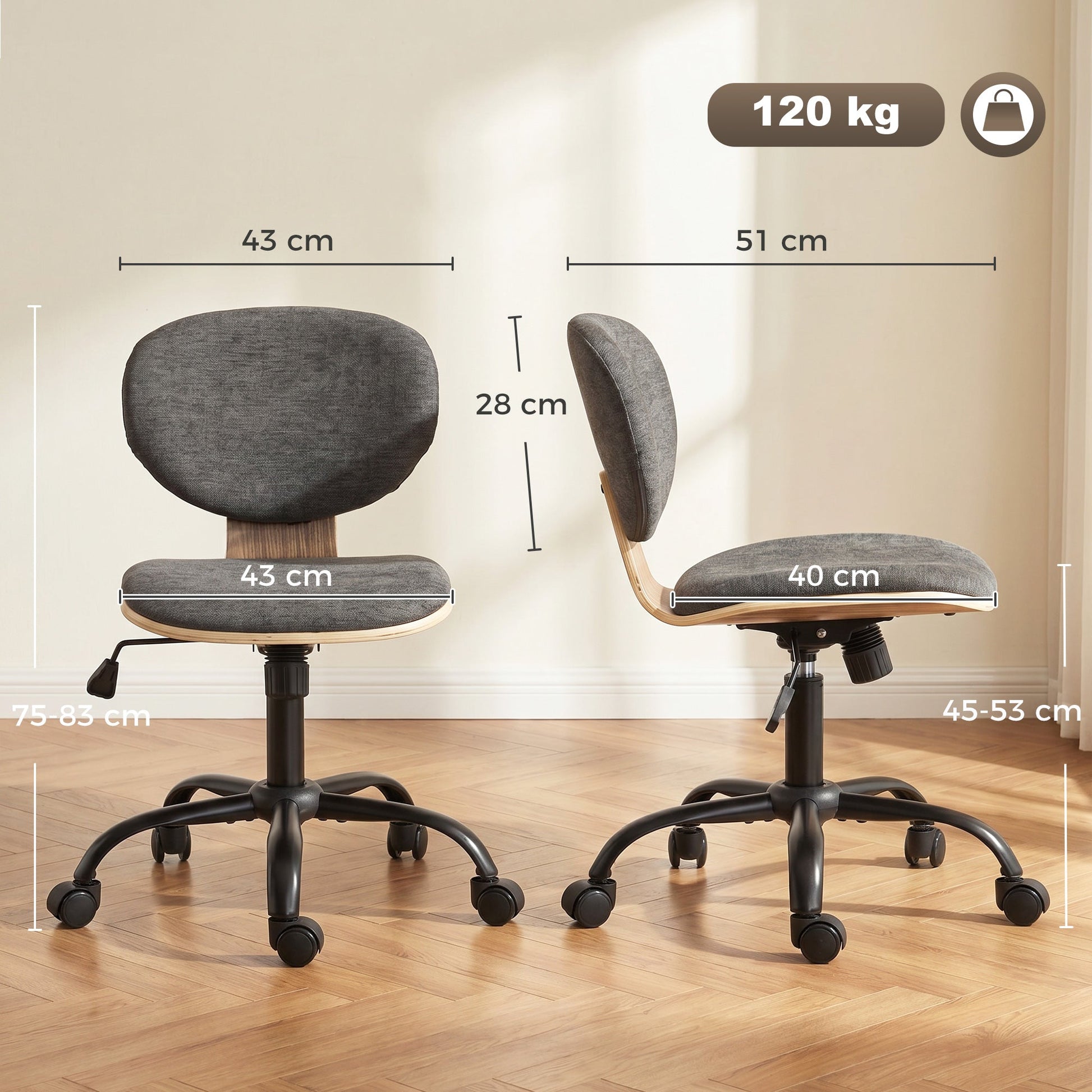 Home Office Chair, Swivel Computer Desk Chair with Rocking Function, Adjustable Height, Curved Back, Wheels, Armless, Grey