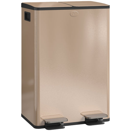 Dual Kitchen Bin, 2 x 28L Stainless Steel Double Rubbish Bin with Soft Close Lid, Removable Inner Buckets, Fingerprint-Proof for Recycling and Waste, Gold Tone