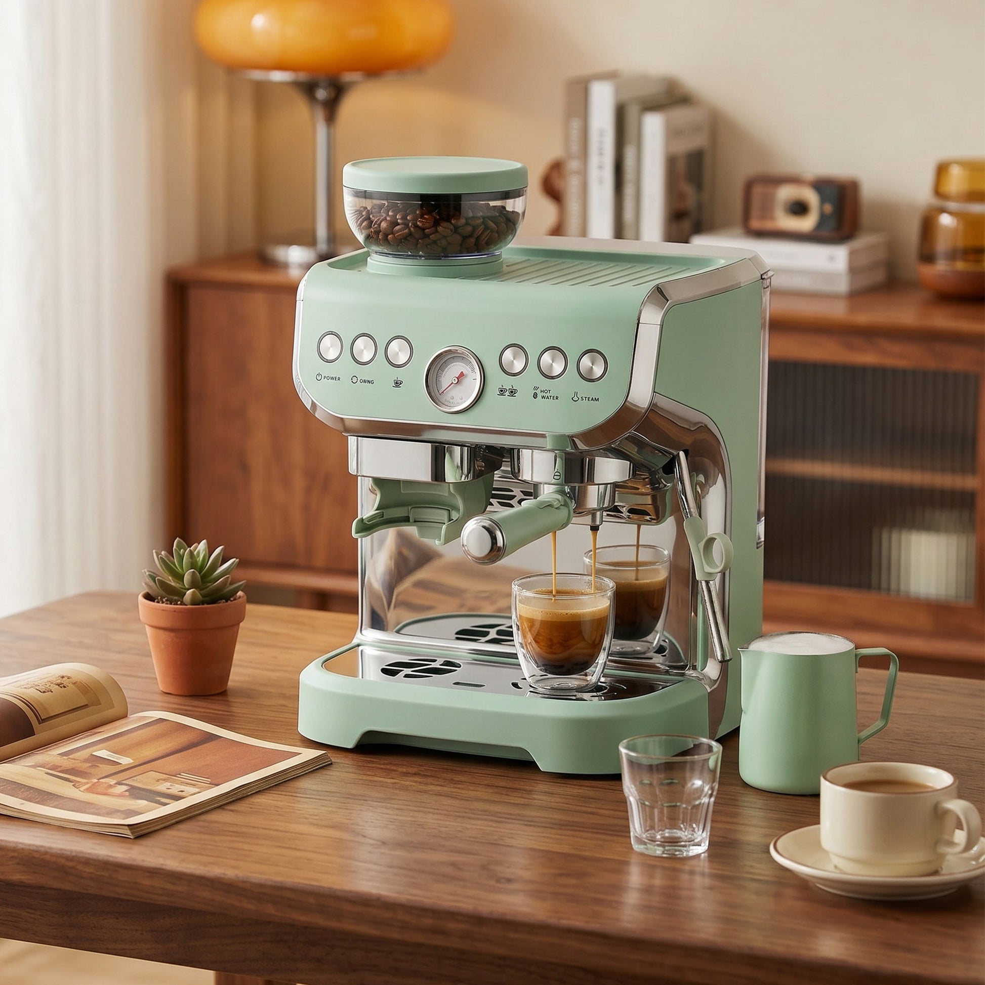 Espresso Machine with Integrated Bean Grinder & Steam Wand, Bean to Cup Coffee Machine with 15 Bar Italian Pump, 2L Water Tank, Cappuccino Maker, Stainless Steel, Light Green