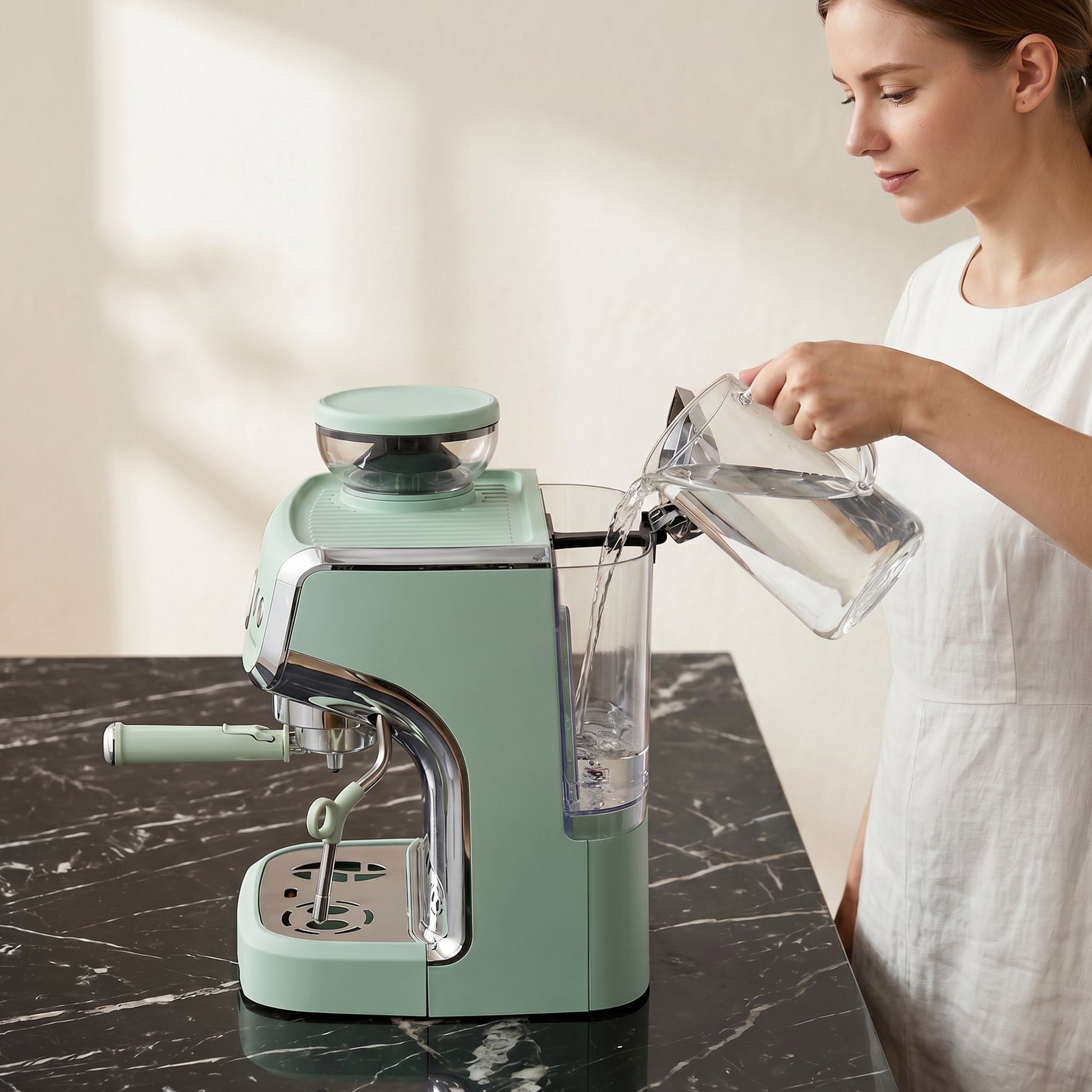 Espresso Machine with Integrated Bean Grinder & Steam Wand, Bean to Cup Coffee Machine with 15 Bar Italian Pump, 2L Water Tank, Cappuccino Maker, Stainless Steel, Light Green