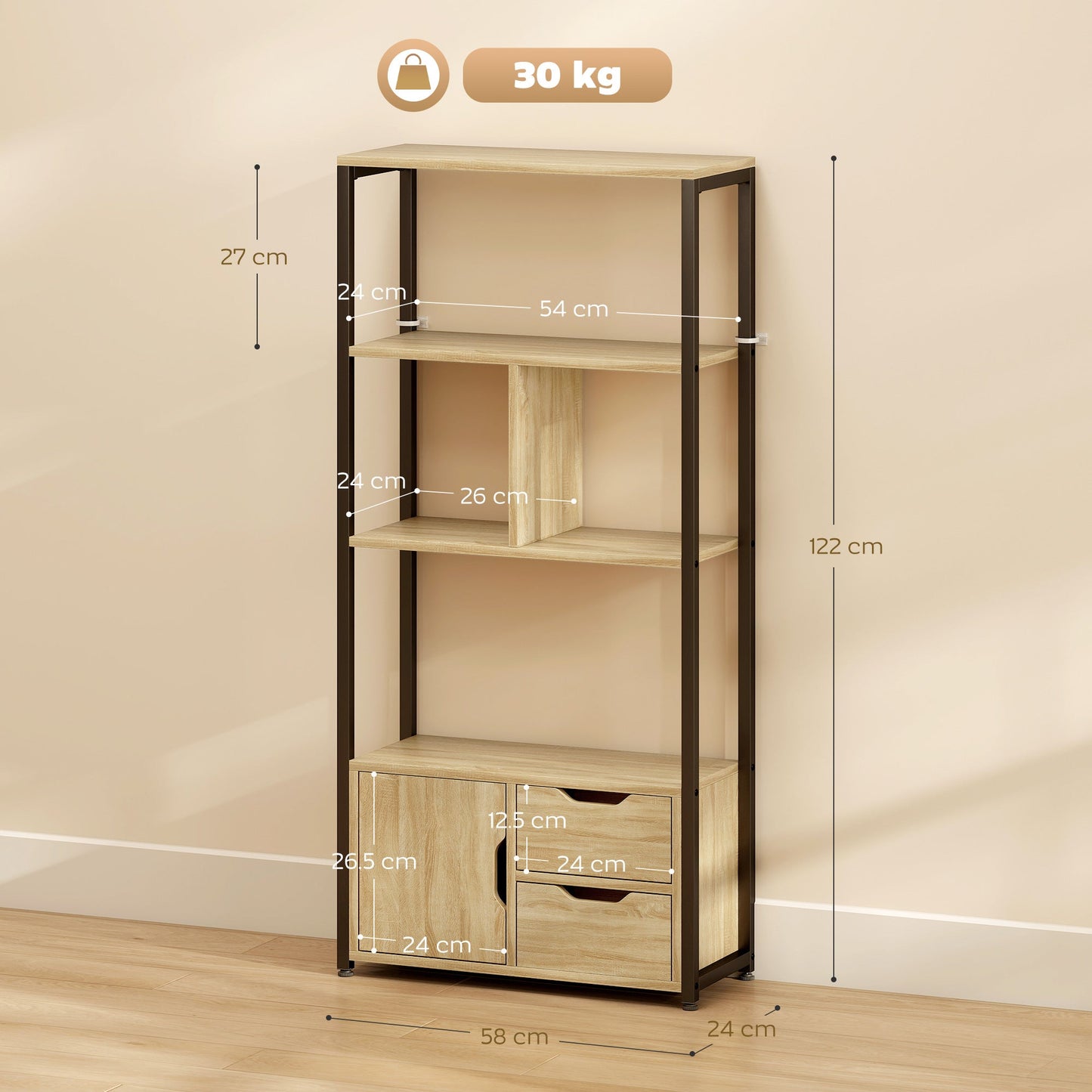 Ladder Bookshelf, 4-Tier Bookcase with Cabinet and Drawers, Storage Shelves with Metal Frame for Living Room, Bedroom, Home Office, Natural Wood