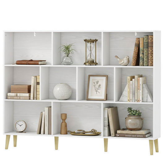 10-Cube Bookshelf, 3-Tier Bookcase with Solid Wood Legs, 140 cm Modern Freestanding Book Shelf with Anti-Tip Kit for Bedroom Living Room Study Office, White Wood Effect