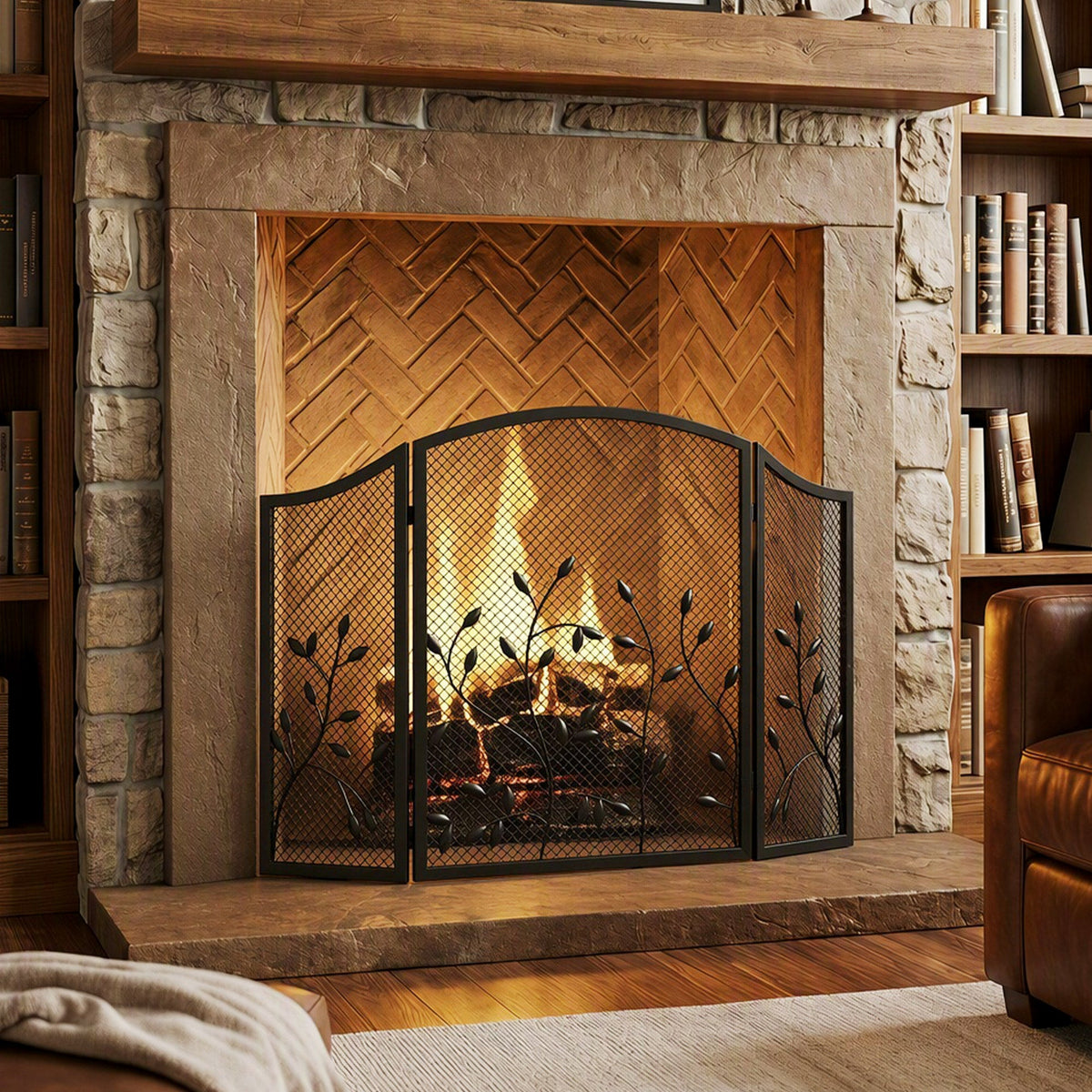 3-Panel Folding Fireplace Screen with Spark Guard for Hearth Protection, Heat-Resistant Metal Fire Screen, 122 x 1 x 75 cm, Black