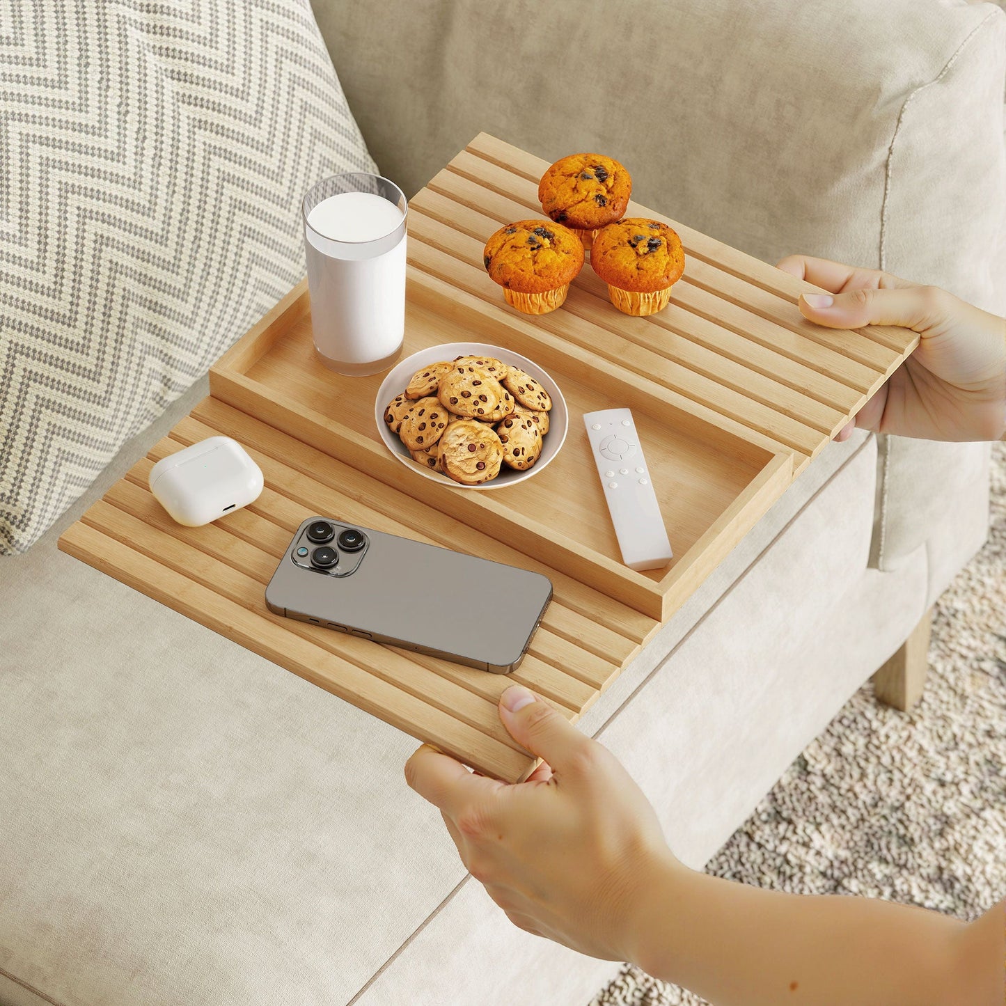 Bamboo Sofa Arm Tray, Foldable Anti-Slip Armrest Tray, Flexible Roll-up Couch Armrest Table for Drinks and Snacks, Natural Wood Finish