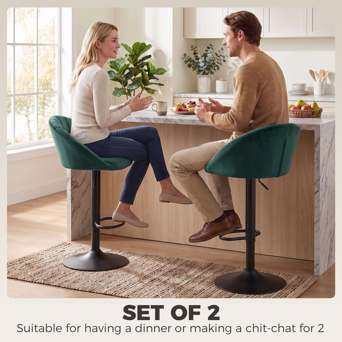 Breakfast Bar Stools Set of 2, Modern Velvet-Feel Swivel BarStools, Adjustable Counter Height Bar Chairs with Backrest and Footrest for Kitchen Island, Dining Room, Bar, Dark Green