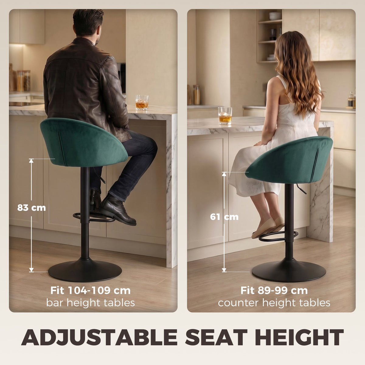 Breakfast Bar Stools Set of 2, Modern Velvet-Feel Swivel BarStools, Adjustable Counter Height Bar Chairs with Backrest and Footrest for Kitchen Island, Dining Room, Bar, Dark Green