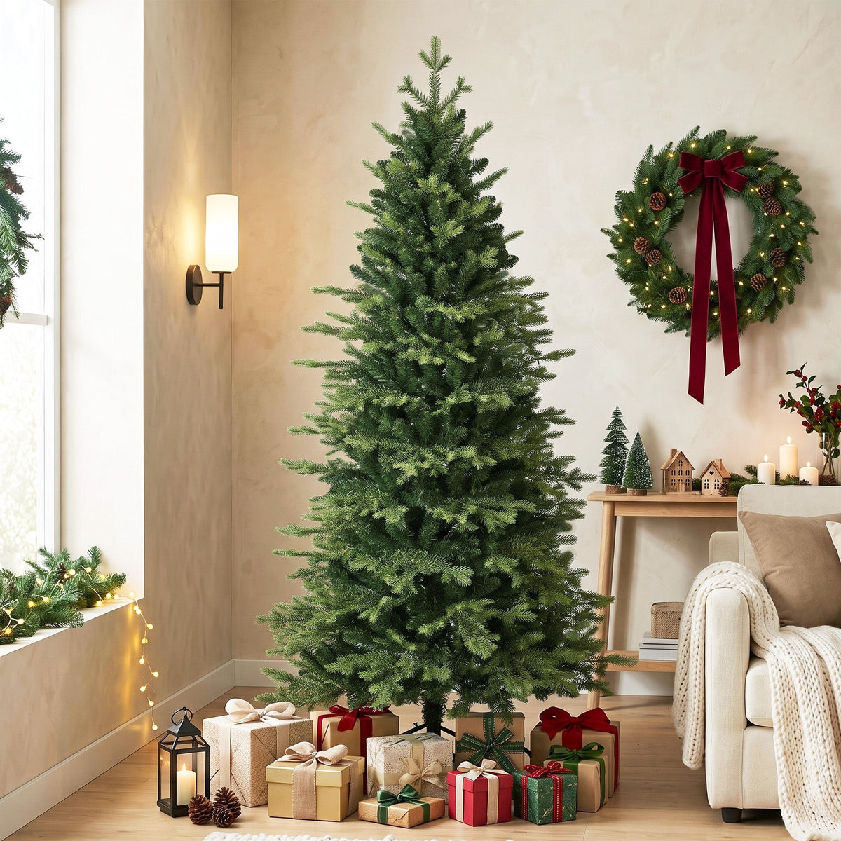 6ft/180cm Artificial Christmas Tree, Geneva Fir Hinged Xmas Tree with 1610 Branch Tips, Foldable Steel Stand, Easy Assembly for Home Office Holiday Decoration, Green