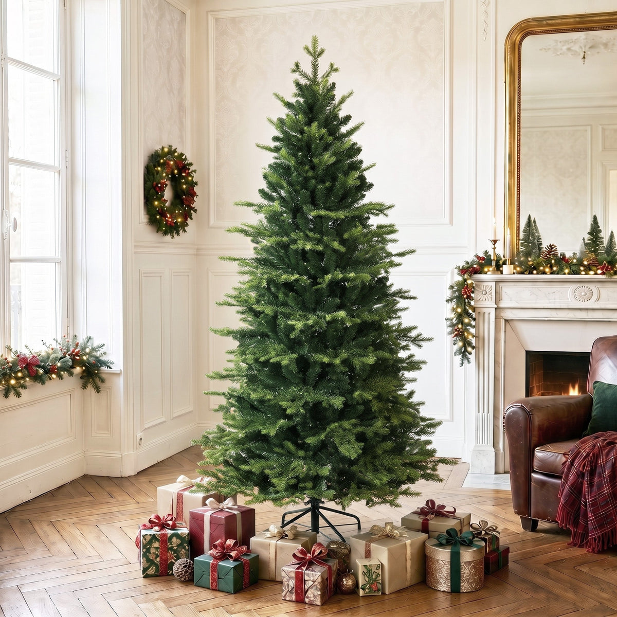 6ft/180cm Artificial Christmas Tree, Geneva Fir Hinged Xmas Tree with 1610 Branch Tips, Foldable Steel Stand, Easy Assembly for Home Office Holiday Decoration, Green