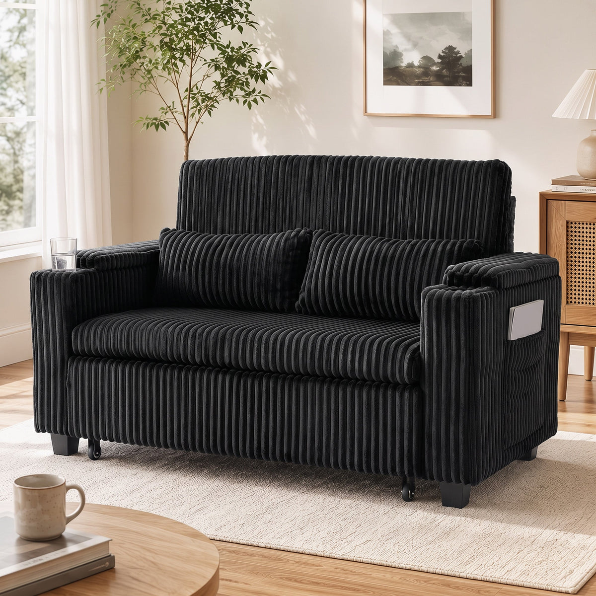 2 Seater Sofa Bed, 3-in-1 Convertible Pull Out Sleeper Sofa, Corduroy Loveseat Bed Settee with Adjustable Backrest, Storage Armrests, Cup Holders, Side Pockets for Living Room, Black