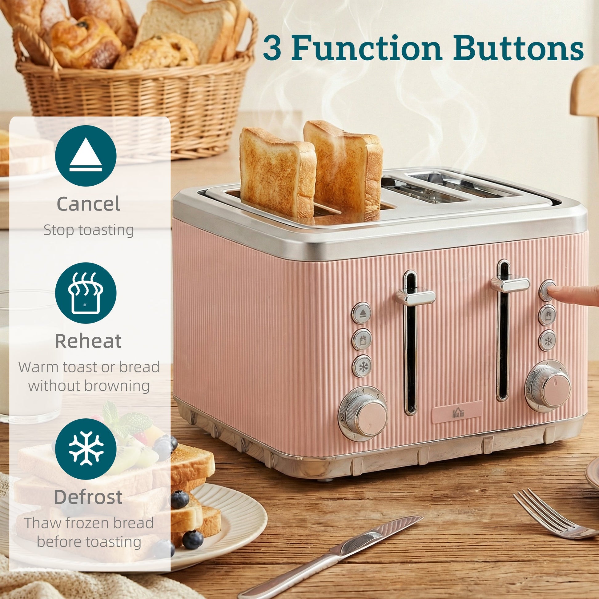 Electric Stainless Steel Kettle and Toaster Set, 3000W 1.7L UK Strix Thermostat Fast Boil Kettle w/ Limescale Filter, Cool Touch Body, 4 Slice Toaster with 7 Browning Levels, Crumb Tray, Pink