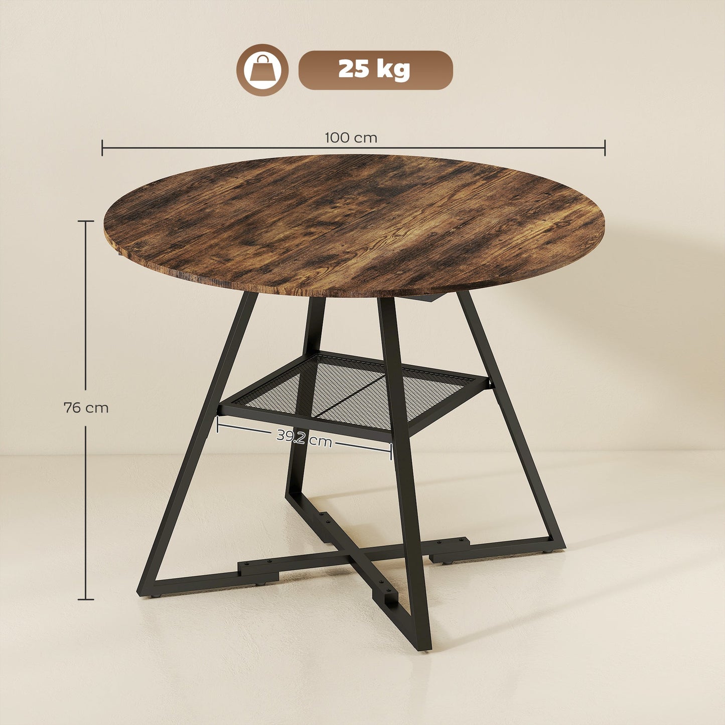 Dining Table for 4 People, 100 cm Round Industrial Kitchen Table with Storage Shelf, Wood Effect Tabletop, Metal Base for Kitchen, Dining Room, Living Room, Rustic Brown