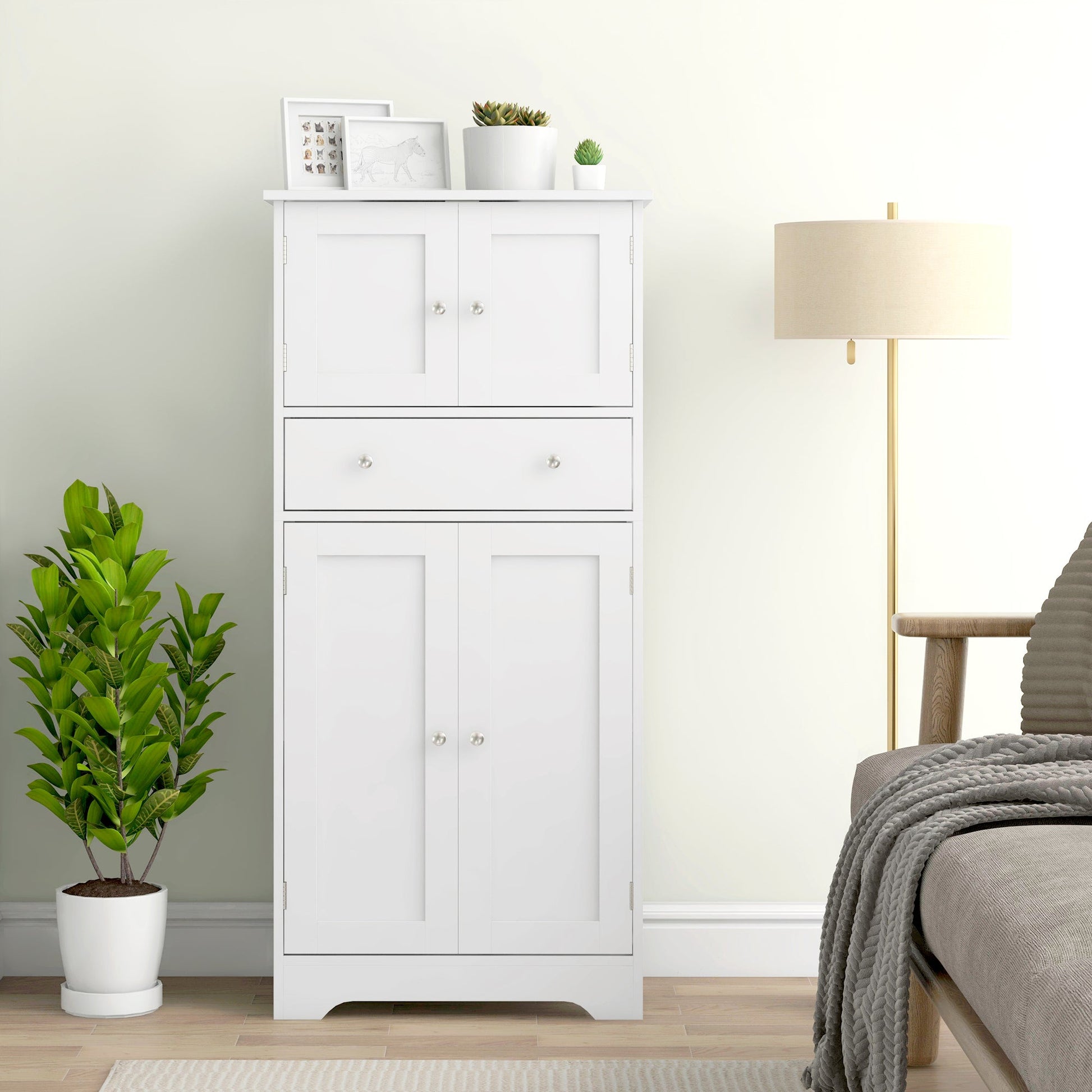 HOMCOM Kitchen Cupboard, Modern Freestanding Kitchen Storage Cabinet with Doors and Shelves, Kitchen Cabinet with Drawer and Adjustable Shelf, White