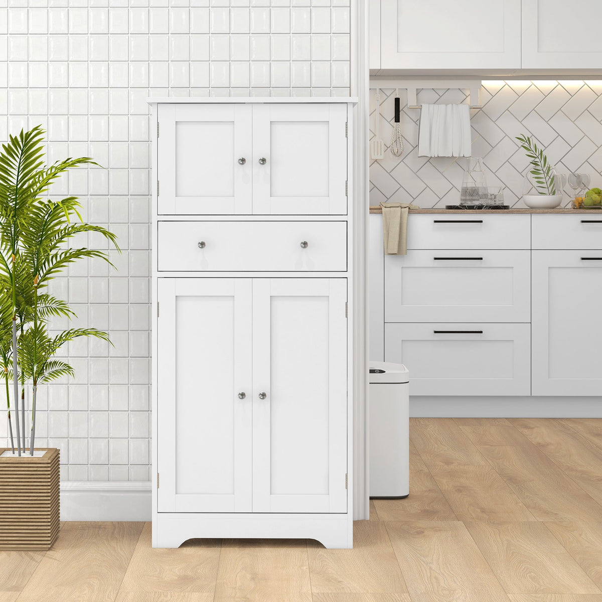 HOMCOM Kitchen Cupboard, Modern Freestanding Kitchen Storage Cabinet with Doors and Shelves, Kitchen Cabinet with Drawer and Adjustable Shelf, White